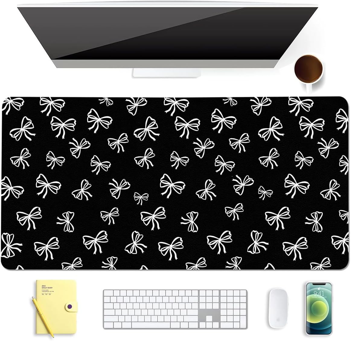 Cute White Bow Black Extended Gaming Keyboard Mouse Pad, Non-Slip Leather Home Office Desk Mat Protector, Laptop Desk Pad Writing Pad
