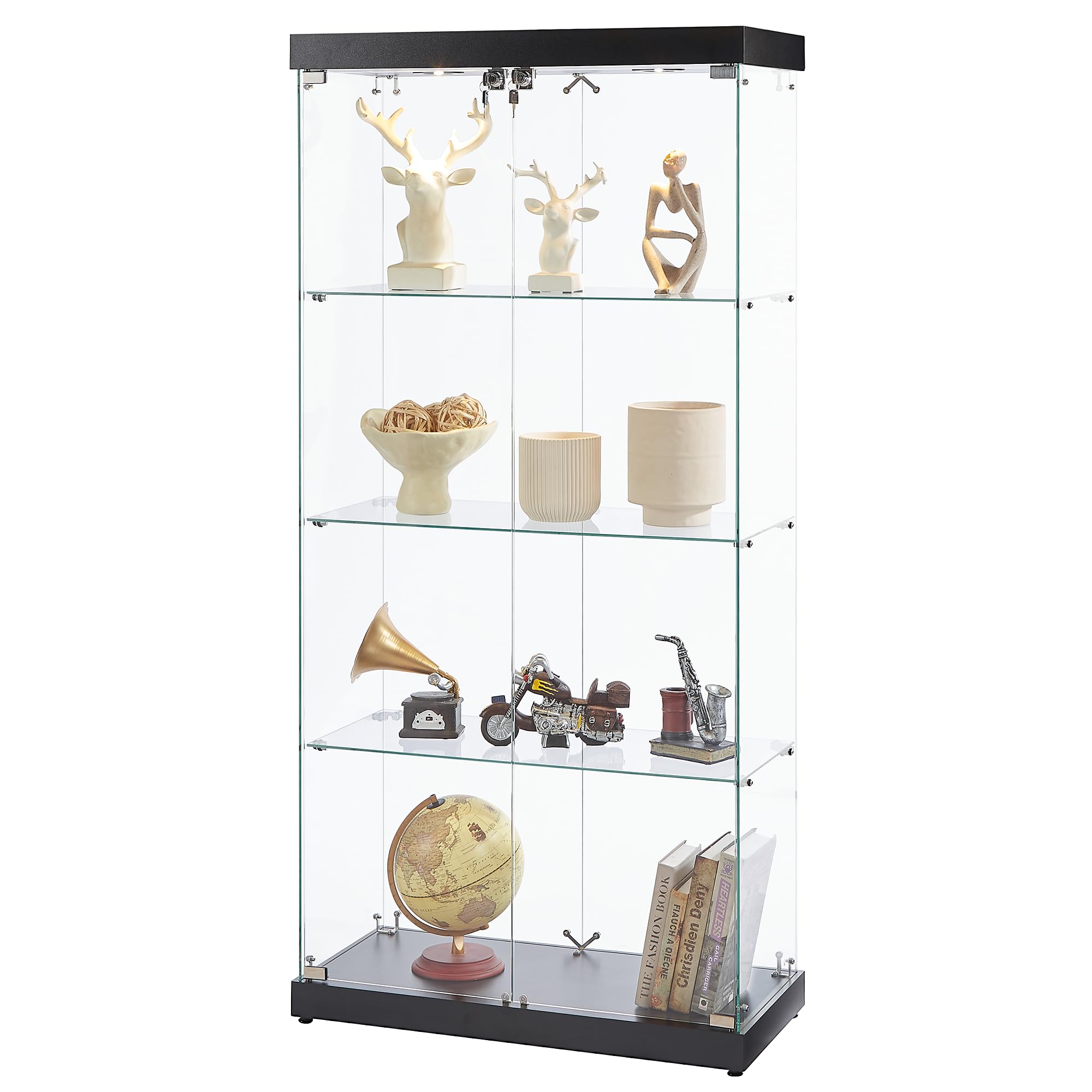 RLRO Glass Display Cabinet, 4 Tier Display Cabinet, Clear Double Door Glass Floor Display Cabinet for Living Room, Bedroom and Home Office, 31.5" W x