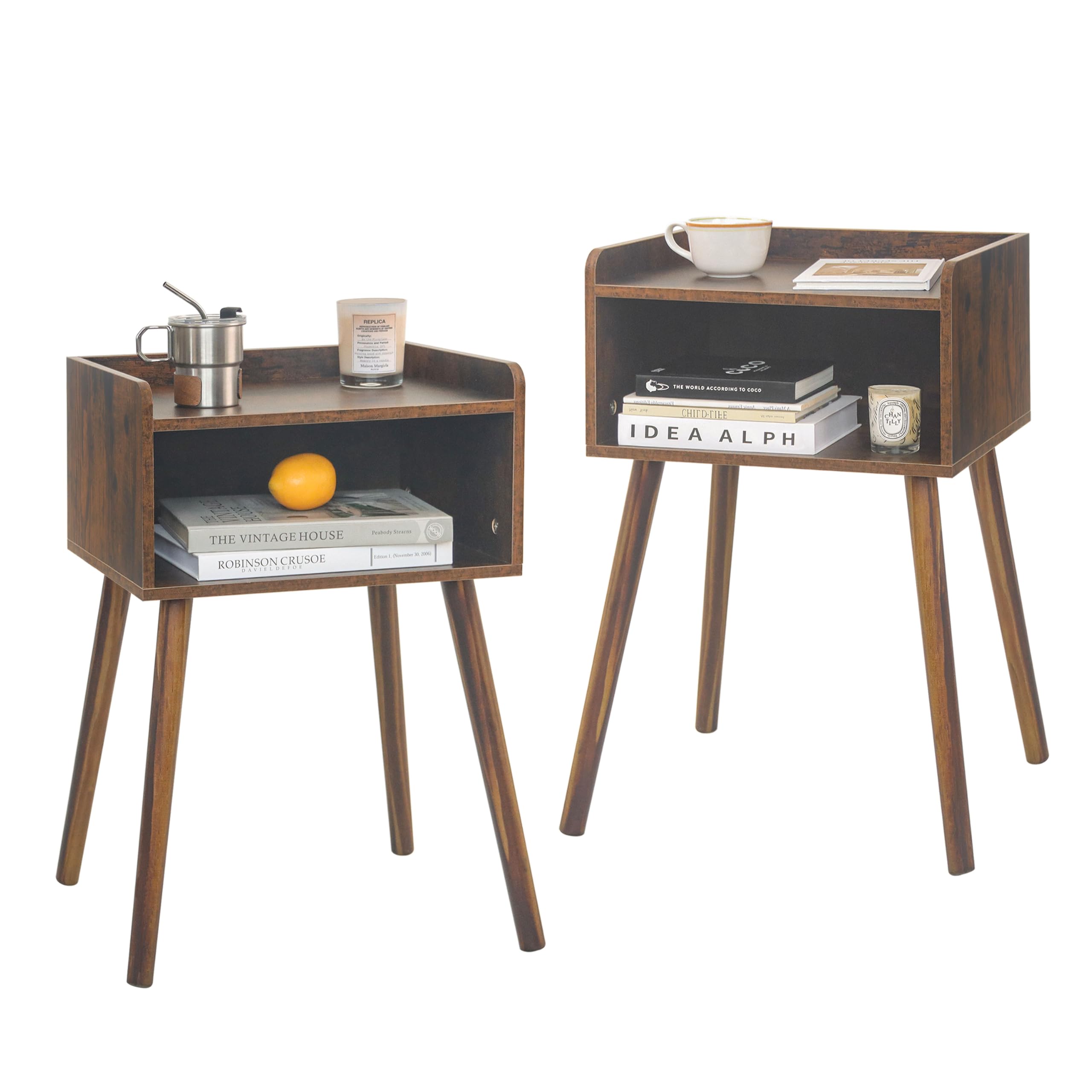 MaxSmeoNight Stand Set 2, Mid Century Modern Side Table Bedroom with Storage, Small End Bedside Table Set of 2 with Solid Wood Legs for Living Room, Office Small Spaces (Rustic Brown)