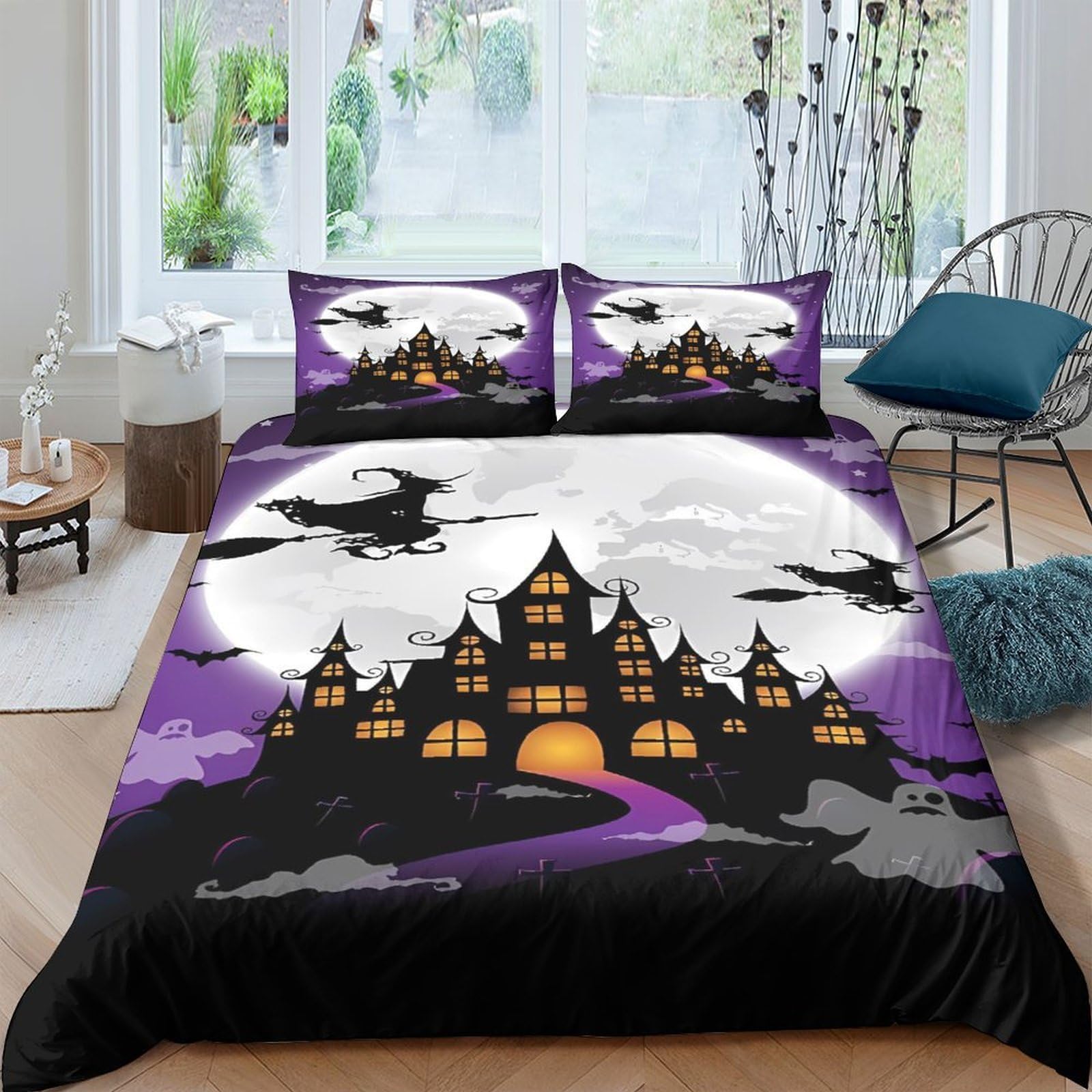 P5V6M1Q9 3D Printed Halloween Castle Duvet Cover Microfiber Soft Breathable Witch Moon Bedding Set with 2 Pillowcases for Bedroom Decor Single（135x200cm）