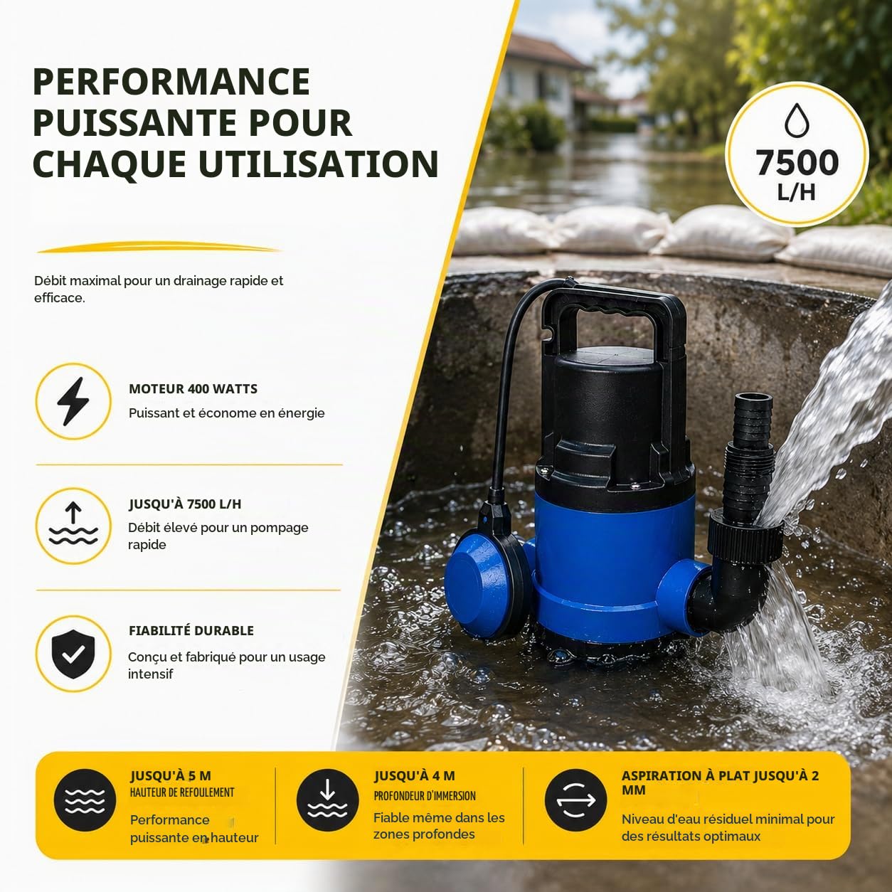 Pompe submersible pour eaux usées 400 W - 7500 l/h, hauteur de livraison de 5 m, profondeur d'immersion 4 m, câble de raccordement de 10 m, interrupteur à flotteur réglable, protection thermique