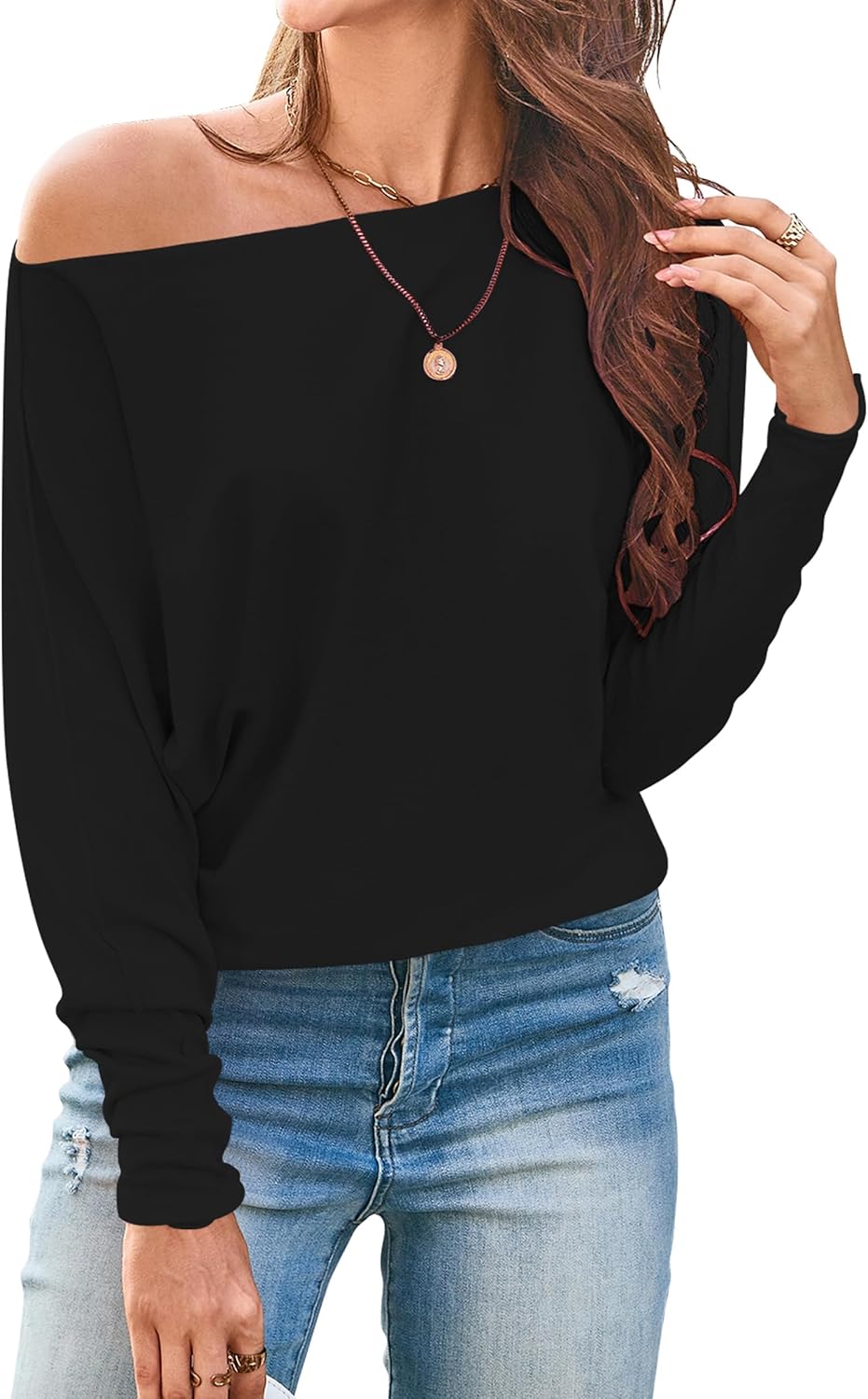 Cakulo Womens Off The Shoulder Sweater Batwing Long Sleeve Casual Knit Tops 2026 Lightweight Pullover Sweaters