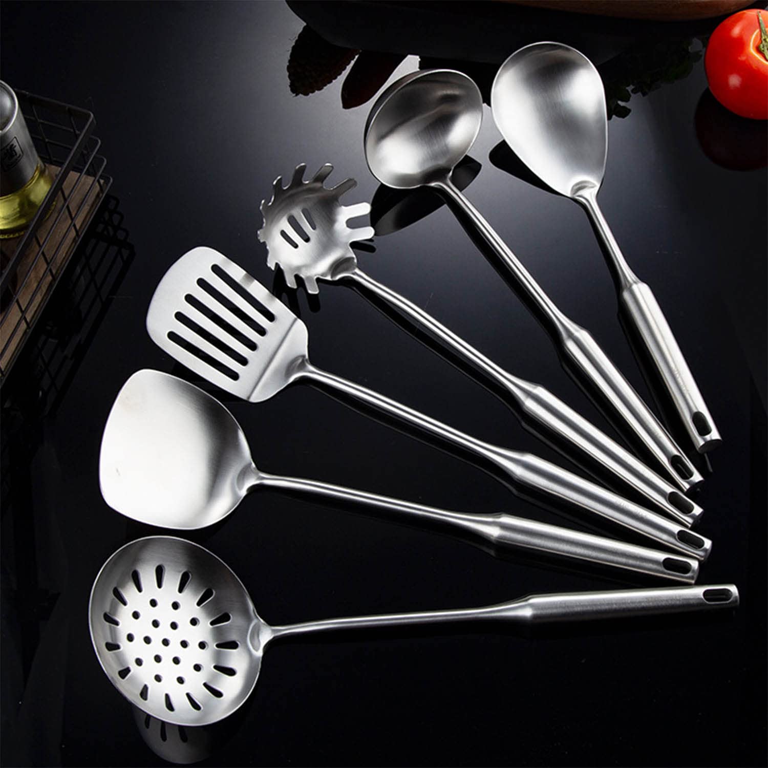 7pcs Ustensiles de Cuisine en Acier Inoxydable Set avec Spatule Porte-Ustensiles Antiadhésif Résistant à la Chaleur Outil de Chef Cadeau, Argent