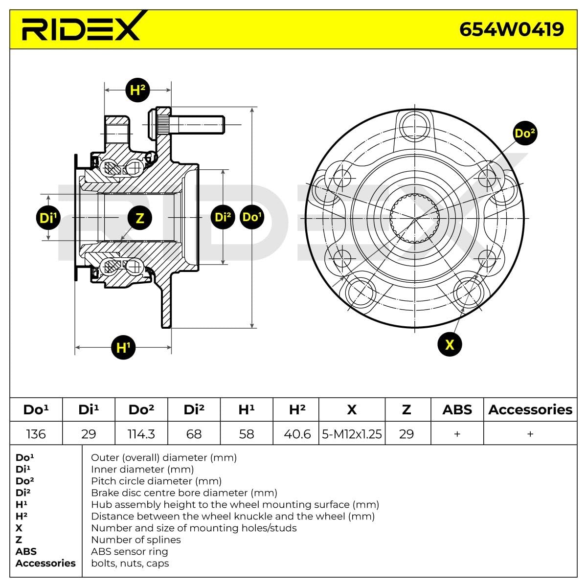 RIDEX 654W0419 Kit de roulement de roue des deux côtés de l'Avant avec capteur ABS intégré Compatible avec NISSAN Qashqai/Qashqai +2 I J10, NJ10