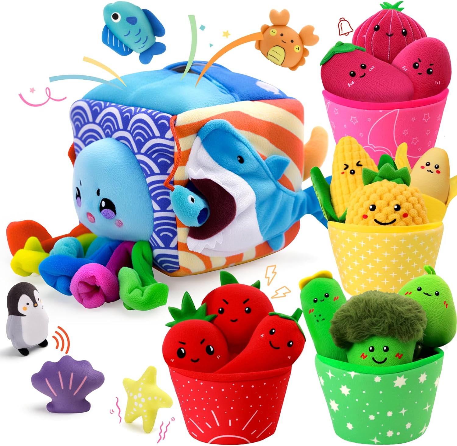 Baby Toys 6-12 Months – Montessori Sensory Set with Mystery Soft Box & 5 Plush Marine Animals + 16 PCS Fruit & Veggie Color Sorting Toys with Rattle & Crinkle, Learning Gifts for 1-3 Year Old Boys Gir