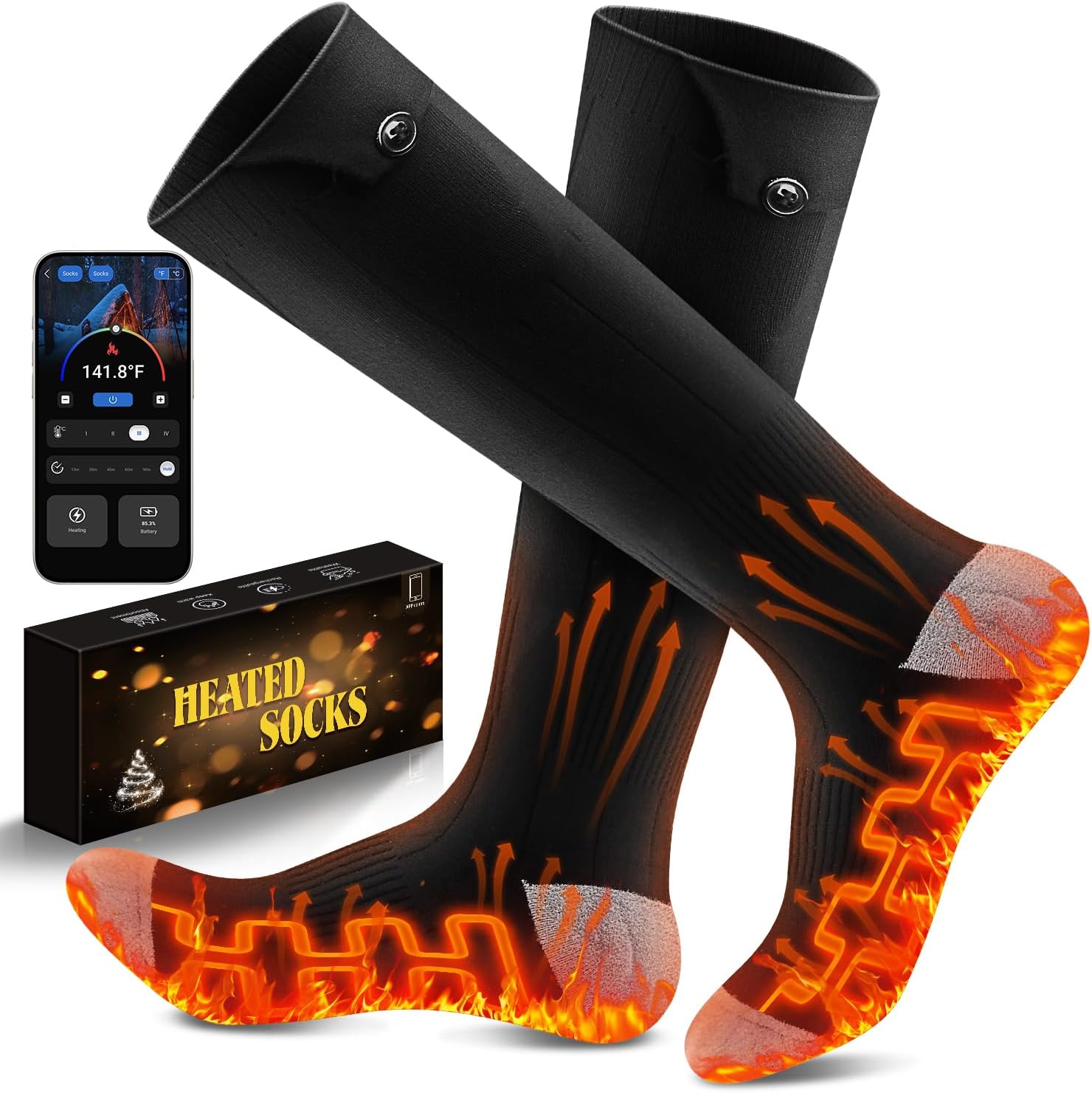 Heated Socks APP Control for Men Women, 6000mAh*2 Battery Heated Socks, Rechargeable Smart Foot Warmers Washable for Camping Fishing Cycling Skiing Skating Hiking