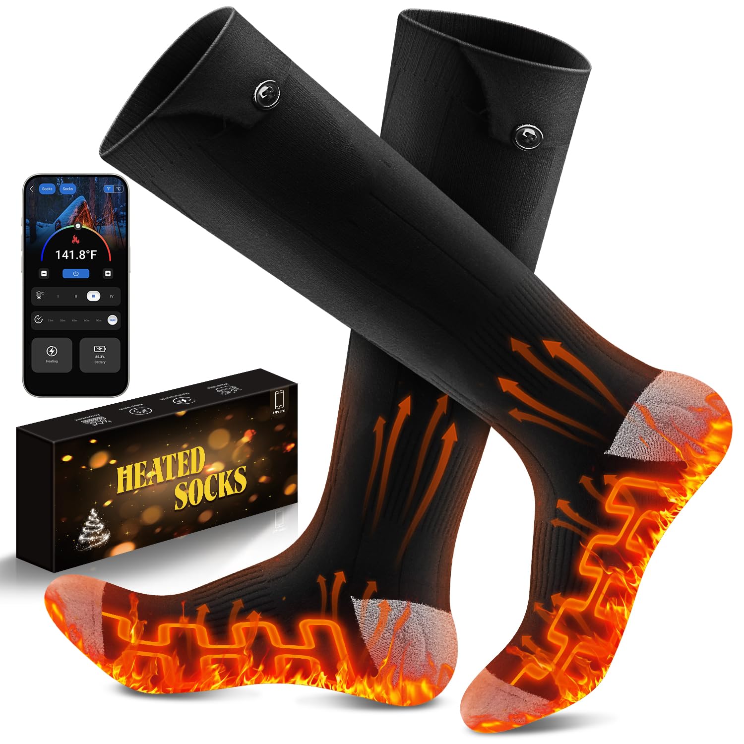 Heated Socks APP Control for Men Women, 6000mAh*2 Battery Heated Socks, Rechargeable Smart Foot Warmers Washable for Camping Fishing Cycling Skiing Skating Hiking