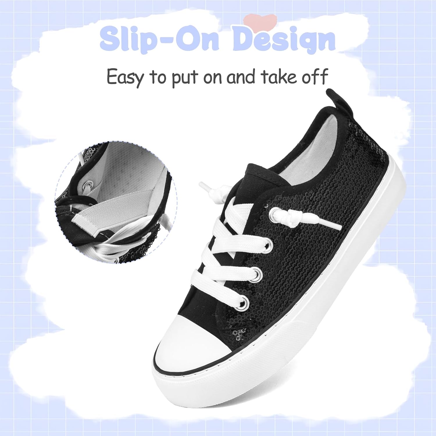 Toddler Kids Canvas Sneakers Sparkle Glitter Sequins Shoes Slip On Soft and Durable