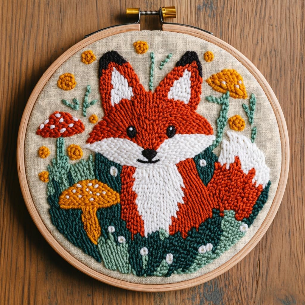 DIY Punch Needle Kits Red Fox and Mushrooms Easy for Beginners Punch Needle Embroidery Set with Hoop Stamped Pattern for Craft Lovers and Home Decor-6