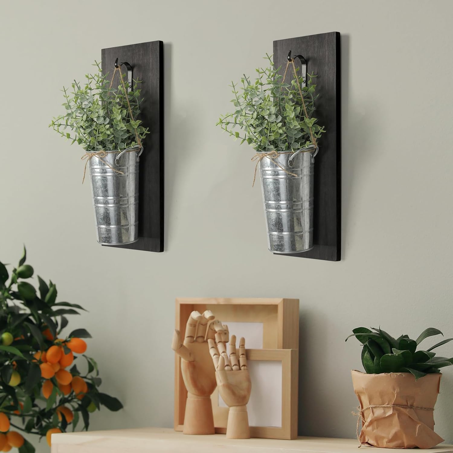 SHOHAYTO Farmhouse Wall Decor Set of 2 - Wood Hanging Planters with Artificial Eucalyptus, Rustic Vertical Pocket Vases for Bathroom Kitchen, Indoor Greenery Decor