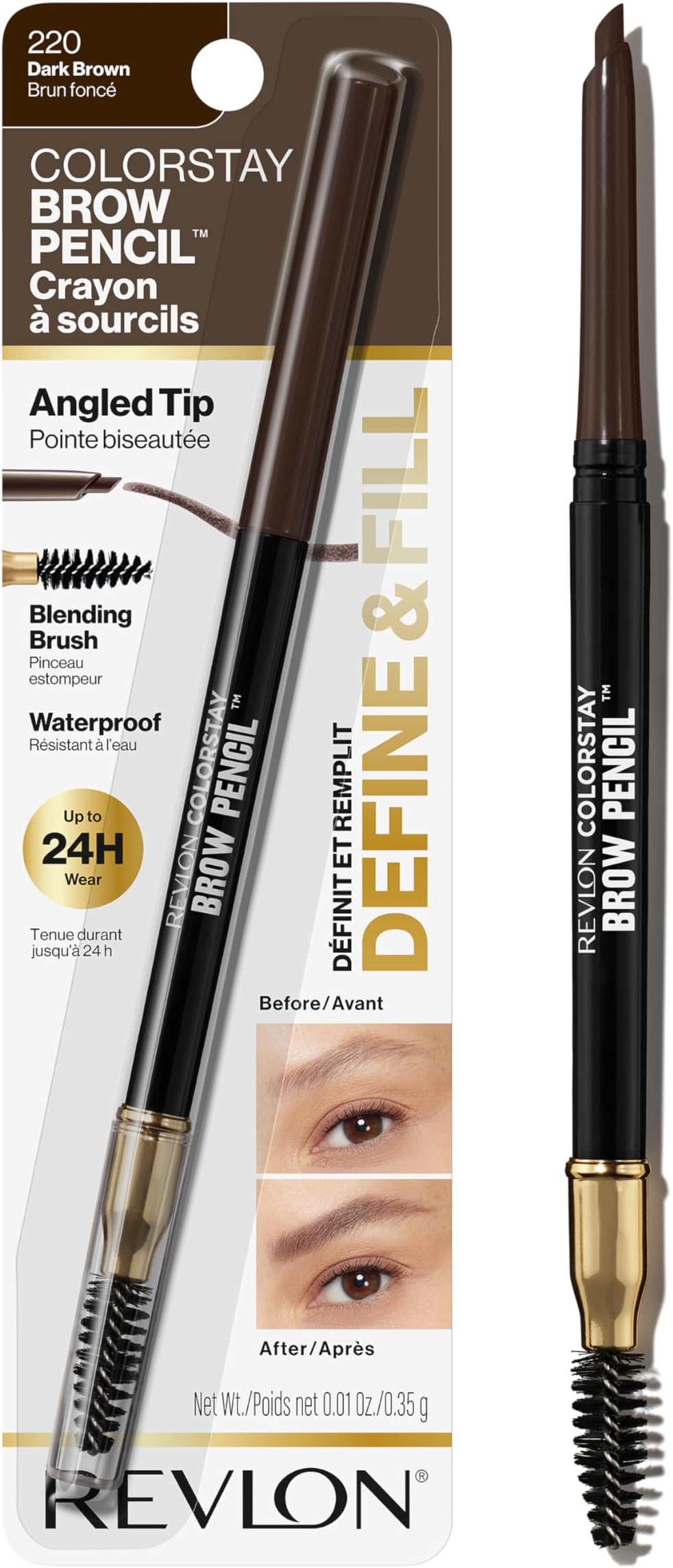 Eyebrow Pencil , Colorstay Eye Makeup with Eyebrow Spoolie, Waterproof, Longwearing Angled Precision Tip, 220 Dark Brown, 0.01 Oz