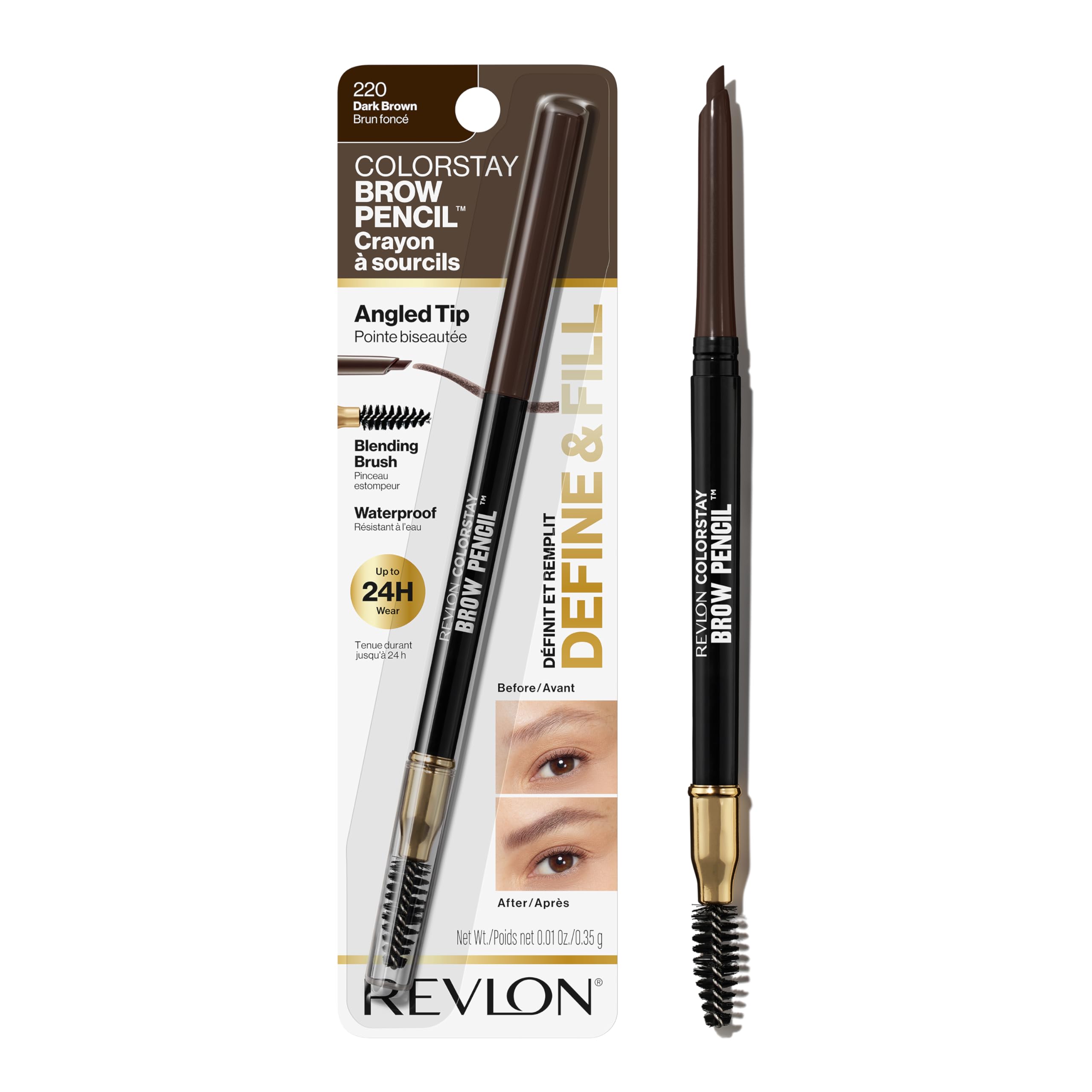 REVLON Eyebrow Pencil , Colorstay Eye Makeup with Eyebrow Spoolie, Waterproof, Longwearing Angled Precision Tip, 220 Dark Brown, 0.01 Oz