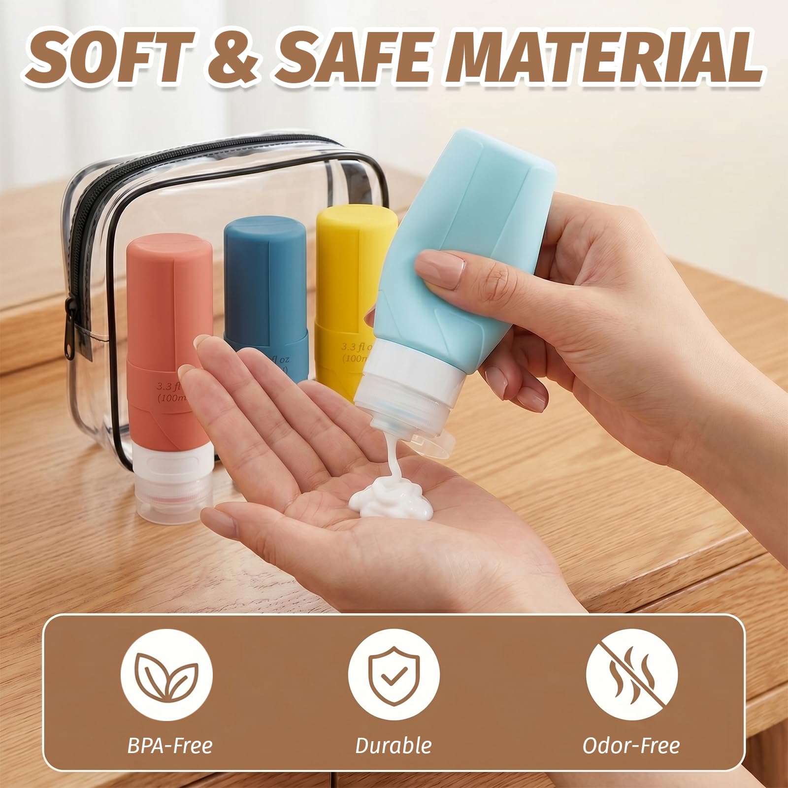 Flaconi da Viaggio 100 ml, 4 Pezzi Kit Viaggio Liquidi, Contenitori da Viaggio per Liquidi, Silicone Senza BPA, Riutilizzabile Adatto per Creme Lozioni