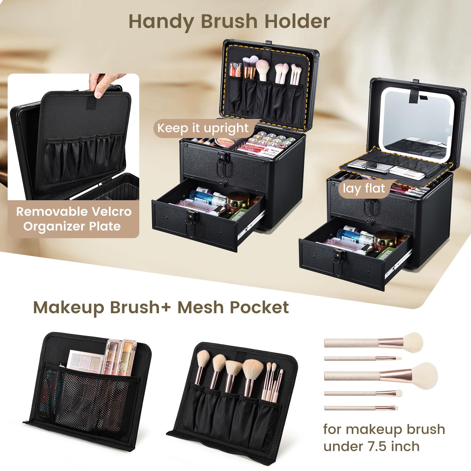 Beauty case con specchio a LED, scatola per il trucco rimovibile con specchio luminoso, portatile, beauty case per truccatori con divisori regolabili e porta pennelli da trucco, Nero con cassetto