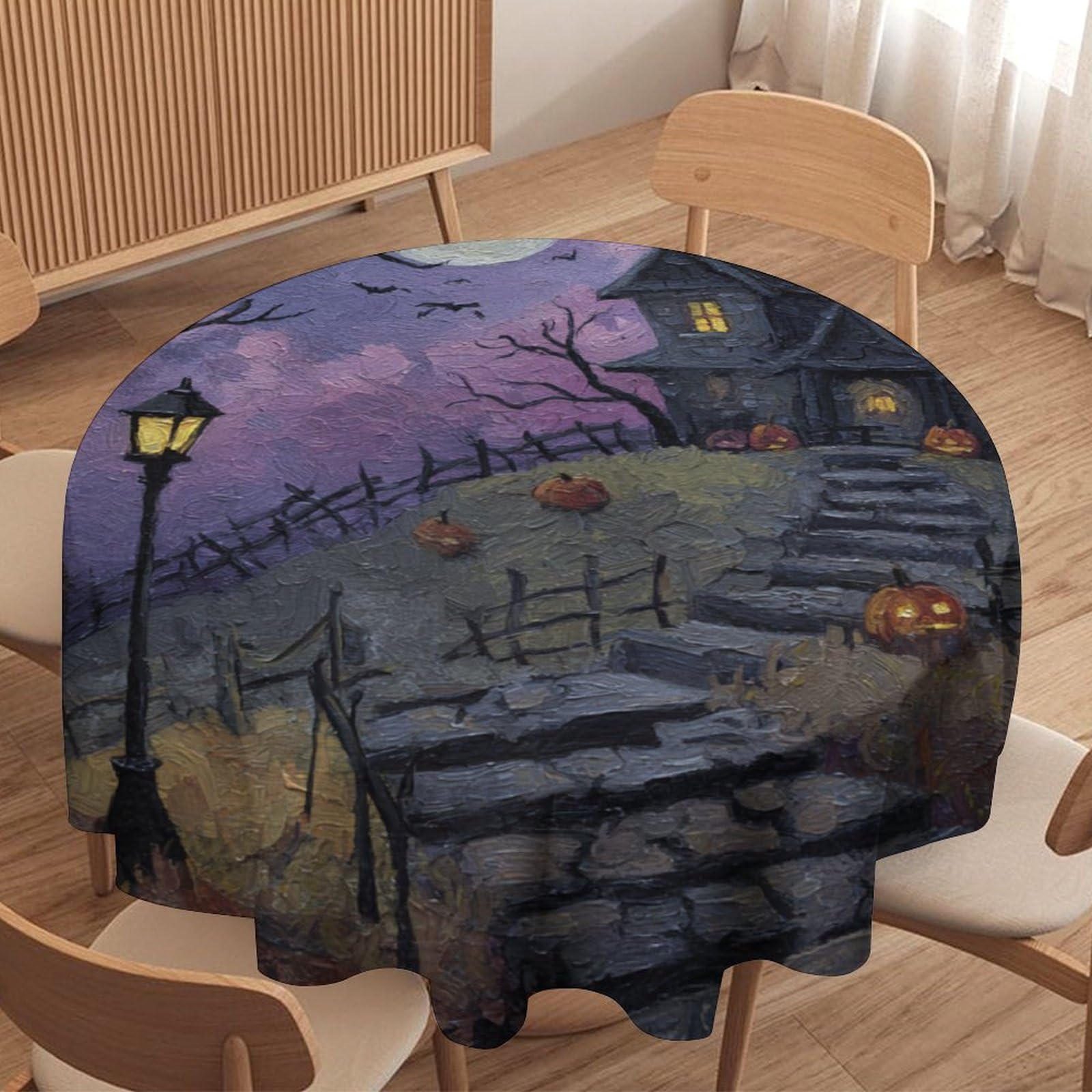 Luyysky Rustic Abstract Scare House Round Tablecloth Mid Century Gothic Halloween Full Moon Pumpkin Animals Bats Washable Decor For Table Cover For Kitchen-127 Wx127 L Cm