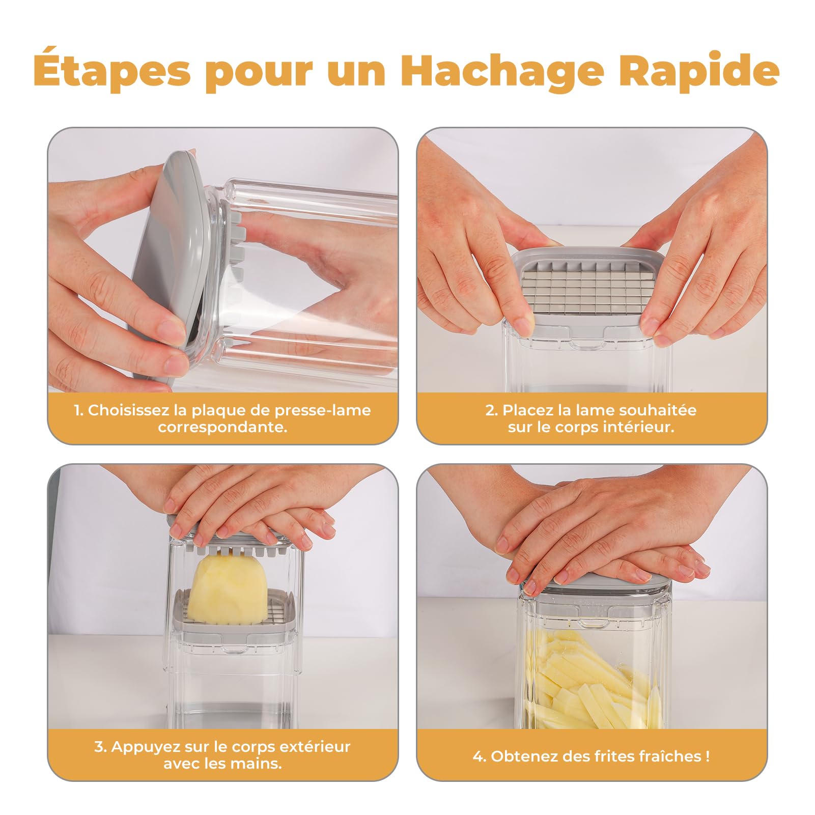 Coupe Frites Manuel, Coupe Frite Rapide avec 3 Lames en Acier Inoxydable, Coupe Pomme de Terre pour Frite, Coupe Legumes Multifonctions Parfait pour Fruits et Légumes(Gris)