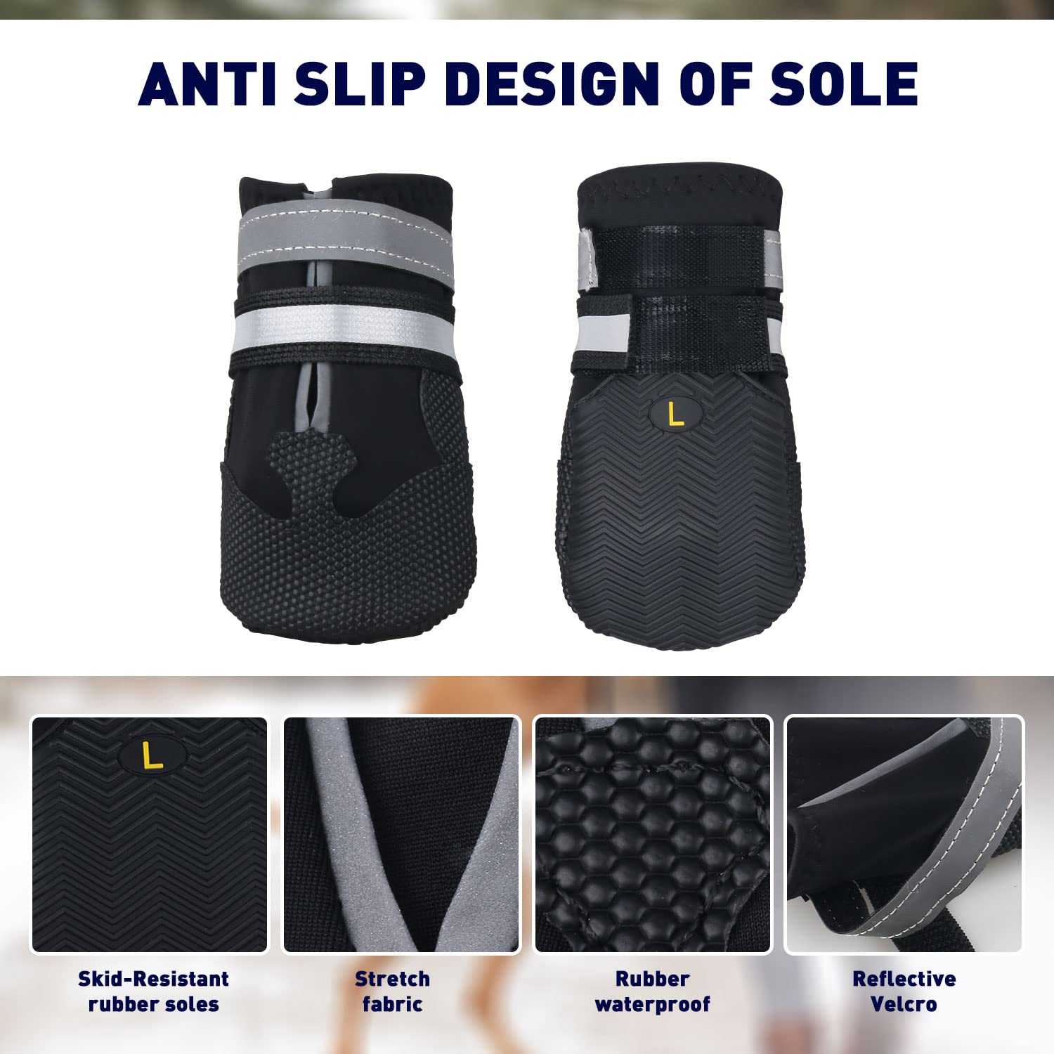 Bottes Chien, Ensemble de 4 Chaussures pour Chiens Antidérapant, Bottes de Protection pour Chien Imperméable pour Chiens de Taille Moyenne et Grande (L, Noir)