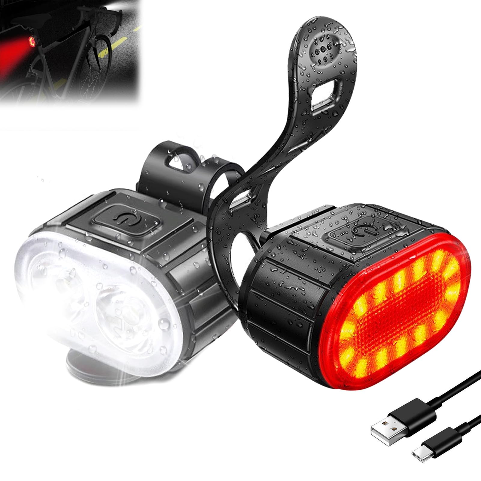 Garnirise Super Bright Bike Lights, USB Rechargeable Bike Light with Spot & Flood Beam, Ultra-Slim & Lightweight Rechargeable Bike Lights Front and Back, for Road and Mountain Cycling at Night