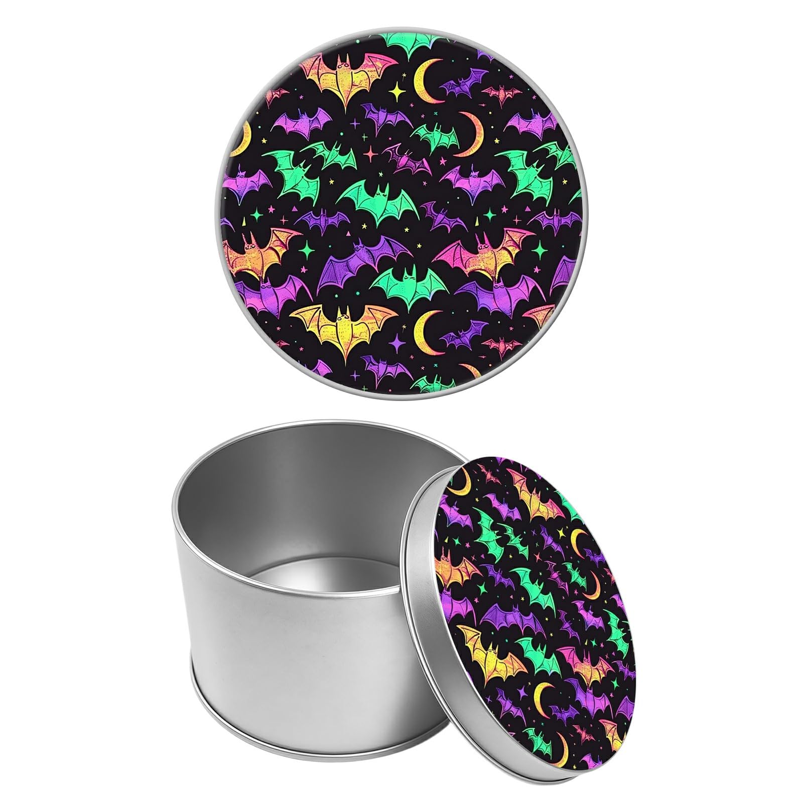 Round Metal Tin Container with Removable Lid, Color Bats Moon Durable Metal Storage Box for Cookies Spices Tea Candies Cakes Jewelry Cosmetics 3.54 x 2.36 inch– Single Pack