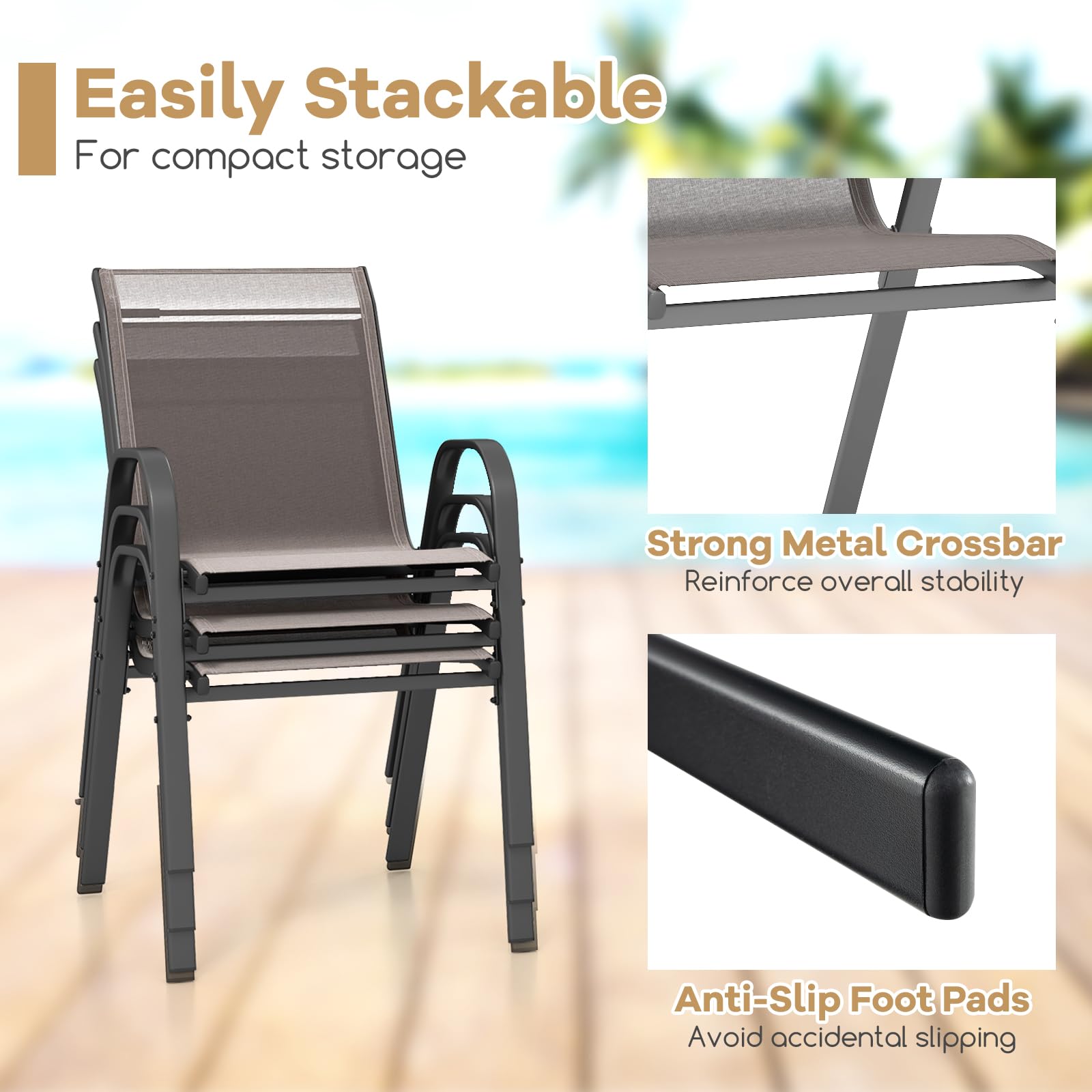 KOMFOTTEU Juego de 2/4 Sillas de Jardín, Silla Apilable Terreza Exterior de Tela con Marco de Metal, Sillón de Comedor con Reposabrazos y Respaldo Alto, Carga 150kg, 56 x 70 x 84 cm (2, Gris)