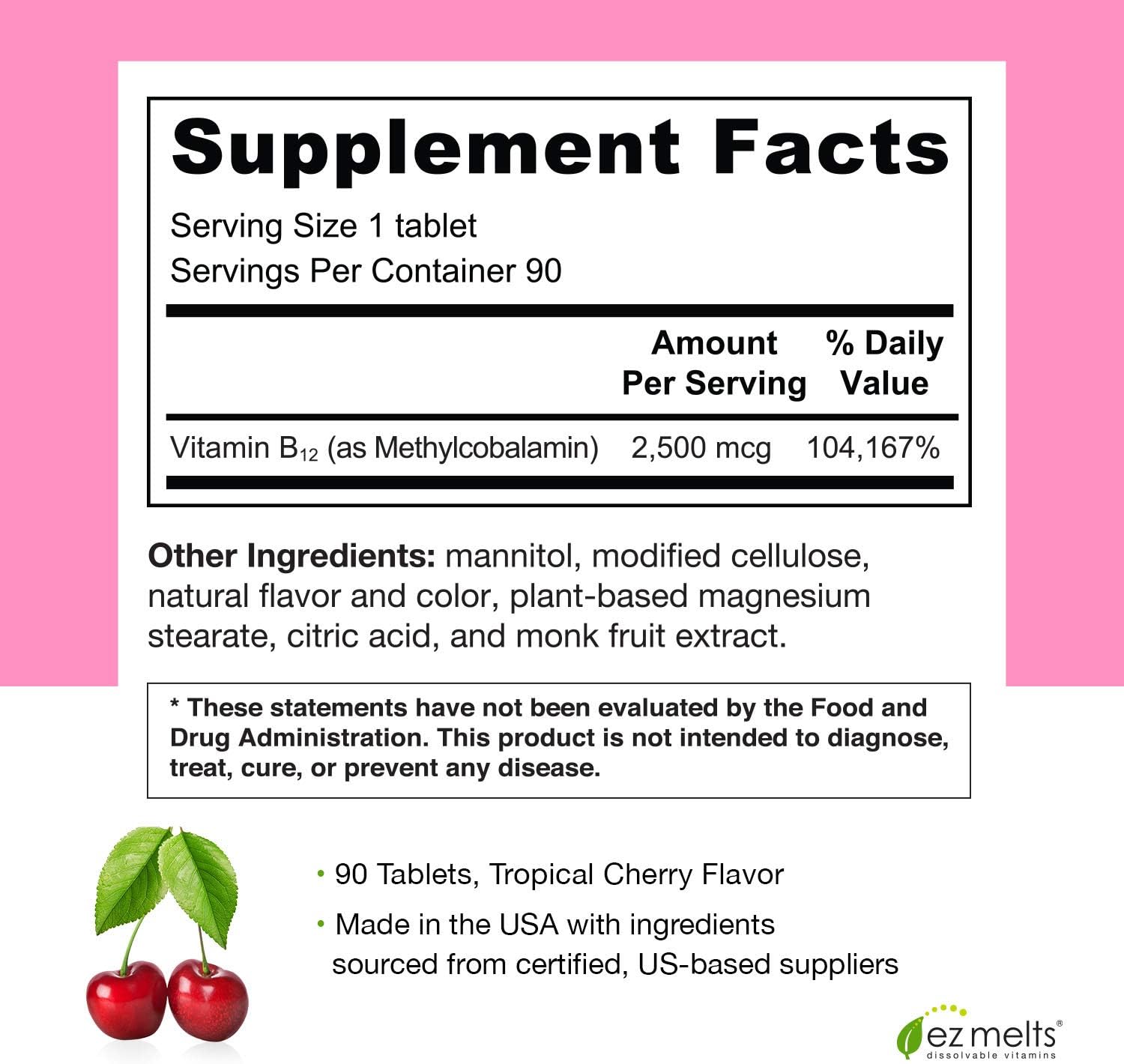 EZ Melts B12 as Methylcobalamin, 2,500 mcg, Sublingual Vitamins, Vegan, Zero Sugar, Natural Cherry Flavor, 90 Fast Dissolve Tablets : Health & Household