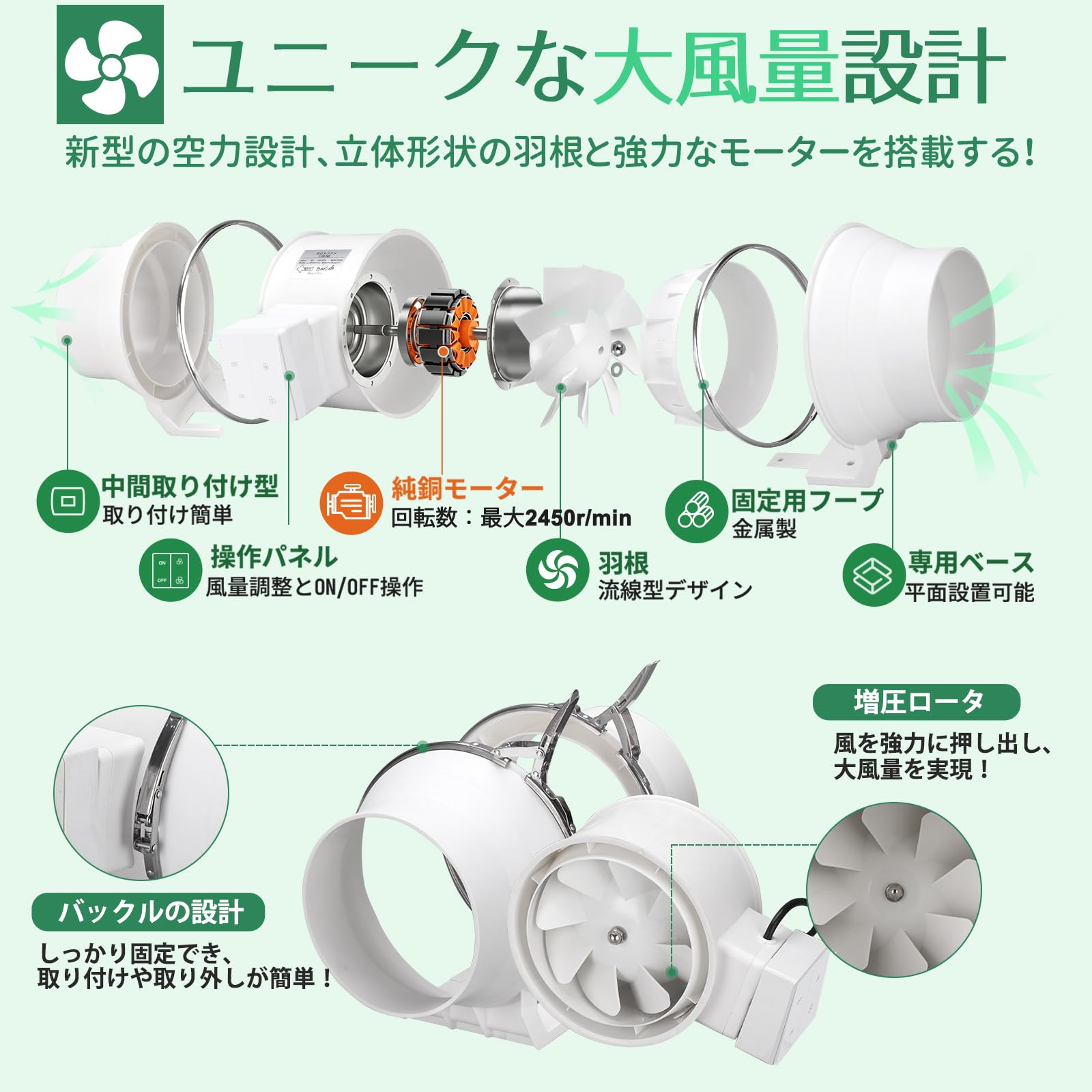 Amazon.co.jp: BreeRainz ダクトファン 150mm 高低速2段階切替 純銅