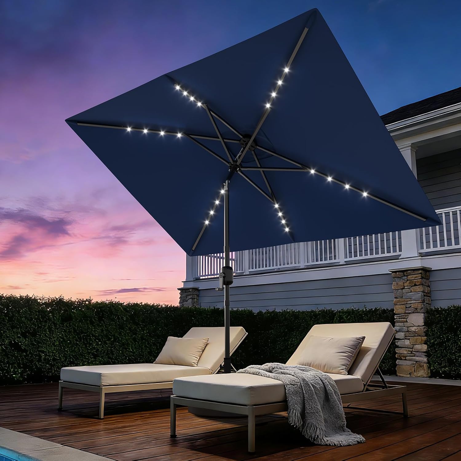 Garvee 10' x 6.5' Solar Rectangular Patio Umbrella with Lights, Outdoor Table Umbrella with Crank and Push Button Tilt, Market Umbrella with 6 Sturdy Ribs Tilt for Garden, Deck, Lawn, Pool