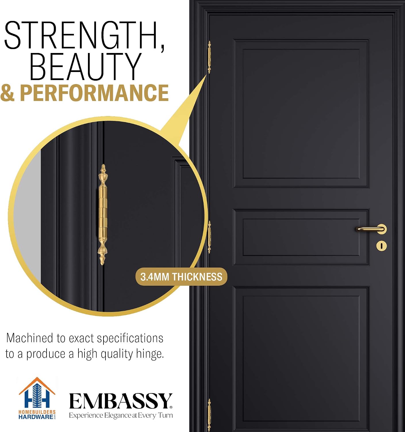 Embassy Door Hinge Solid Brass - 3 x 3 Inch, Heavy Duty, Satin Brass, Rust Resistant Pin, Architectural Designer Grade, Home Improvement, 2 Pack