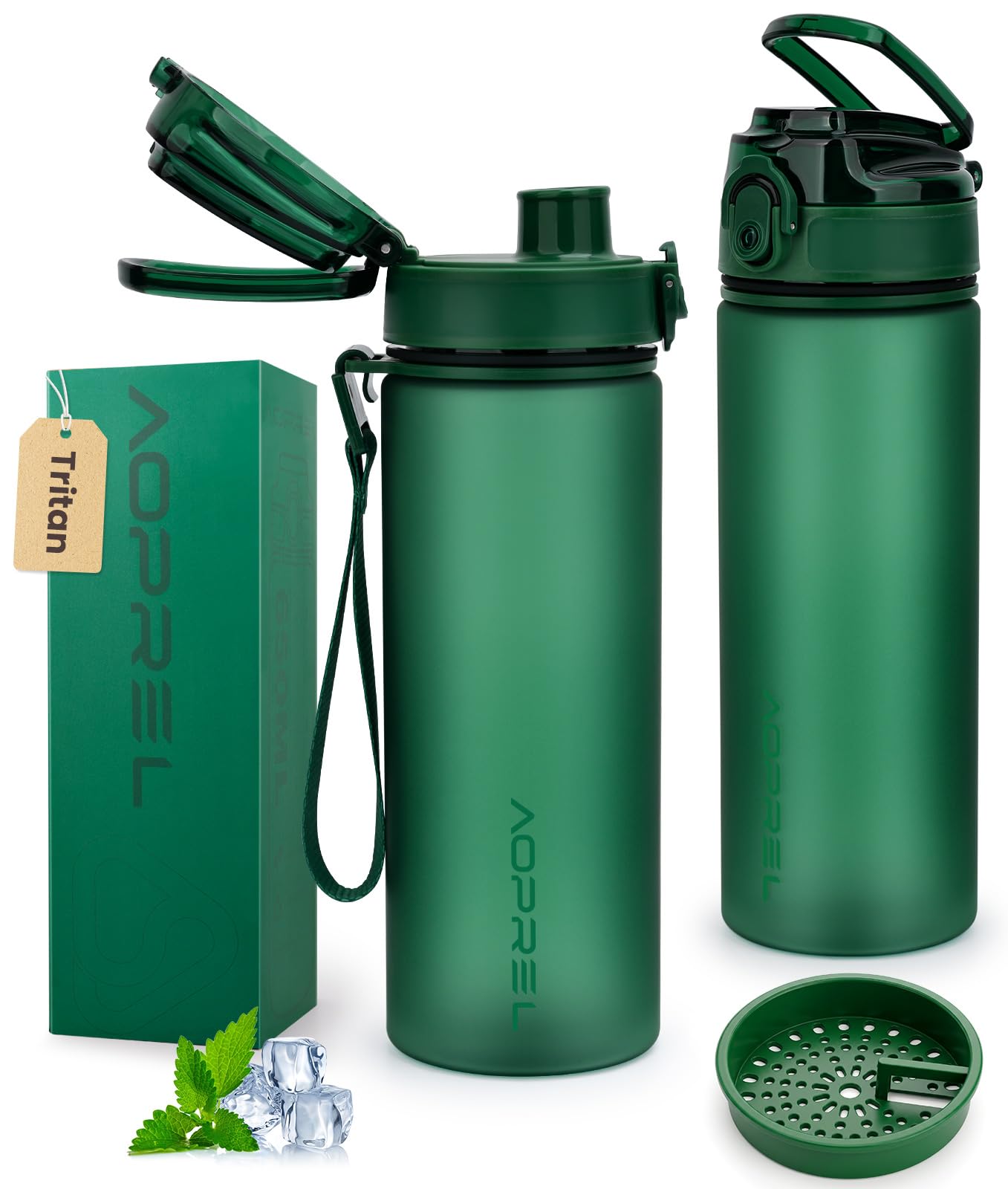 Aoprel Military Green Leakproof Water Bottle 1L/650Ml With Time Marker, Bpa-Free Tritan