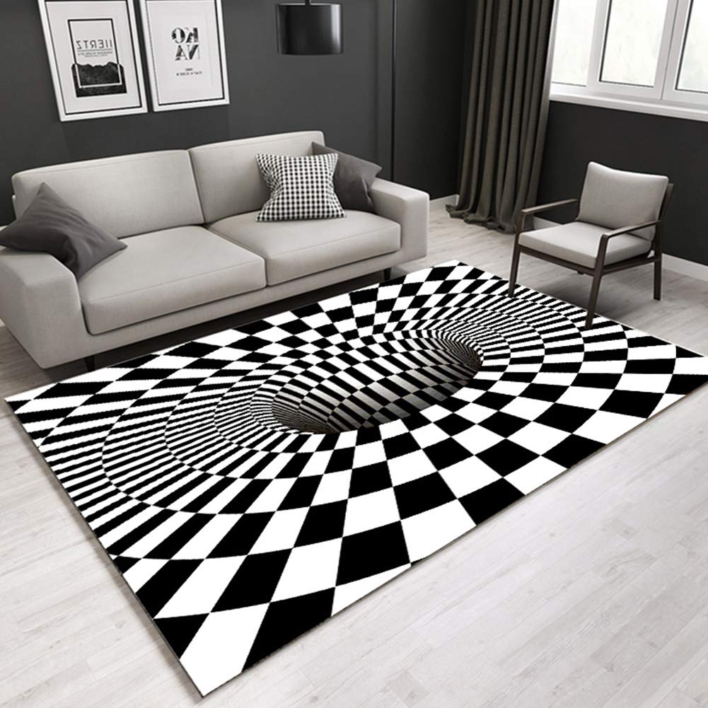 Alfombra Vortex 3D Felpudo,Alfombra Salon Vortex Illusion,Alfombras Dormitorio Antideslizante de Ilusión Óptica Geométrica 3D Moqueta de Rejilla Blanca Negra para Sala de Estar Sofá Silla 1 120x160CM