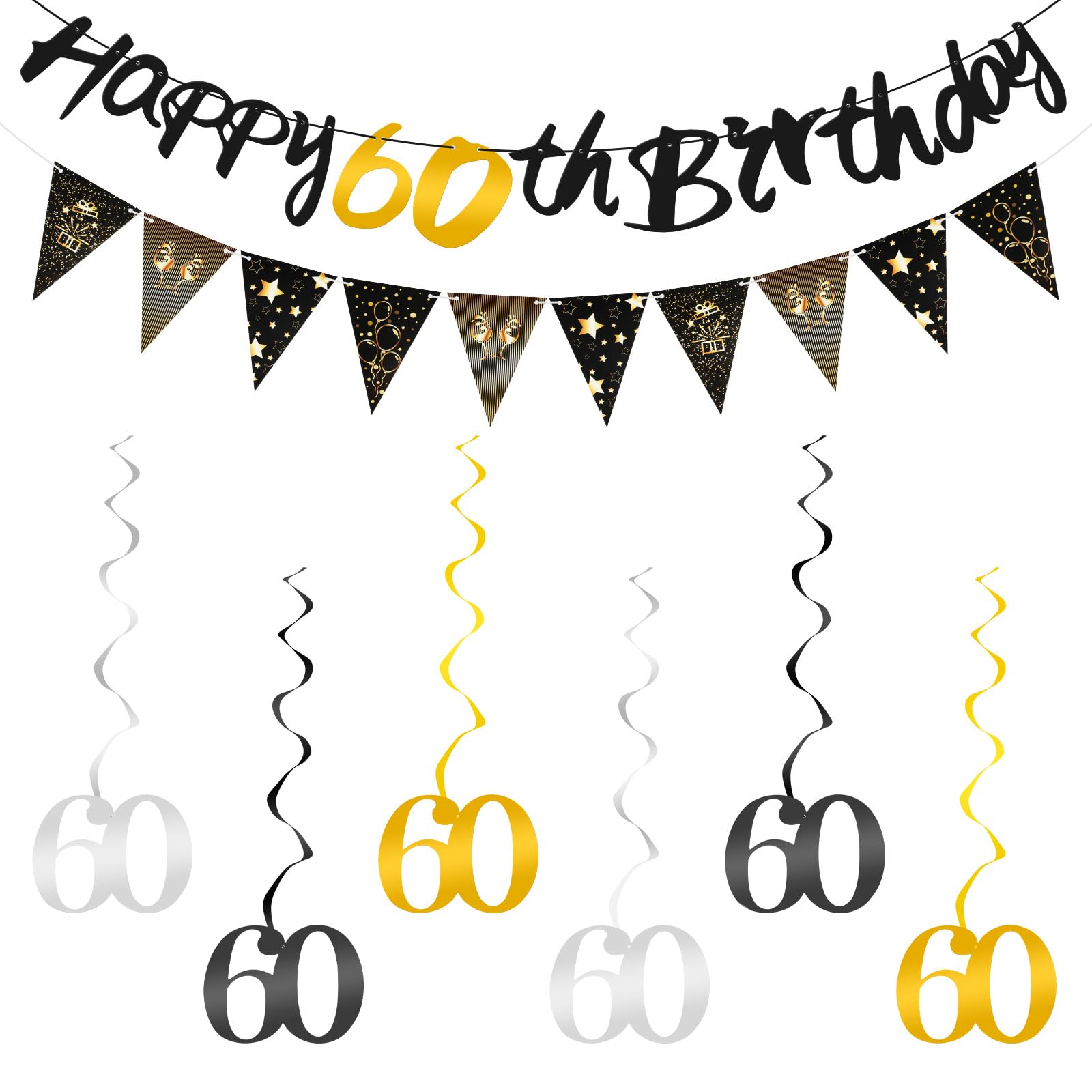 Ainiv 60th Birthday Decorations, Black Gold Happy 60th Birthday Banners, Triangle Flags Bunting Banner with 6pcs numbers 60 Hanging Swirls Streamers, 60th Party Decorations Supplies for Women Men