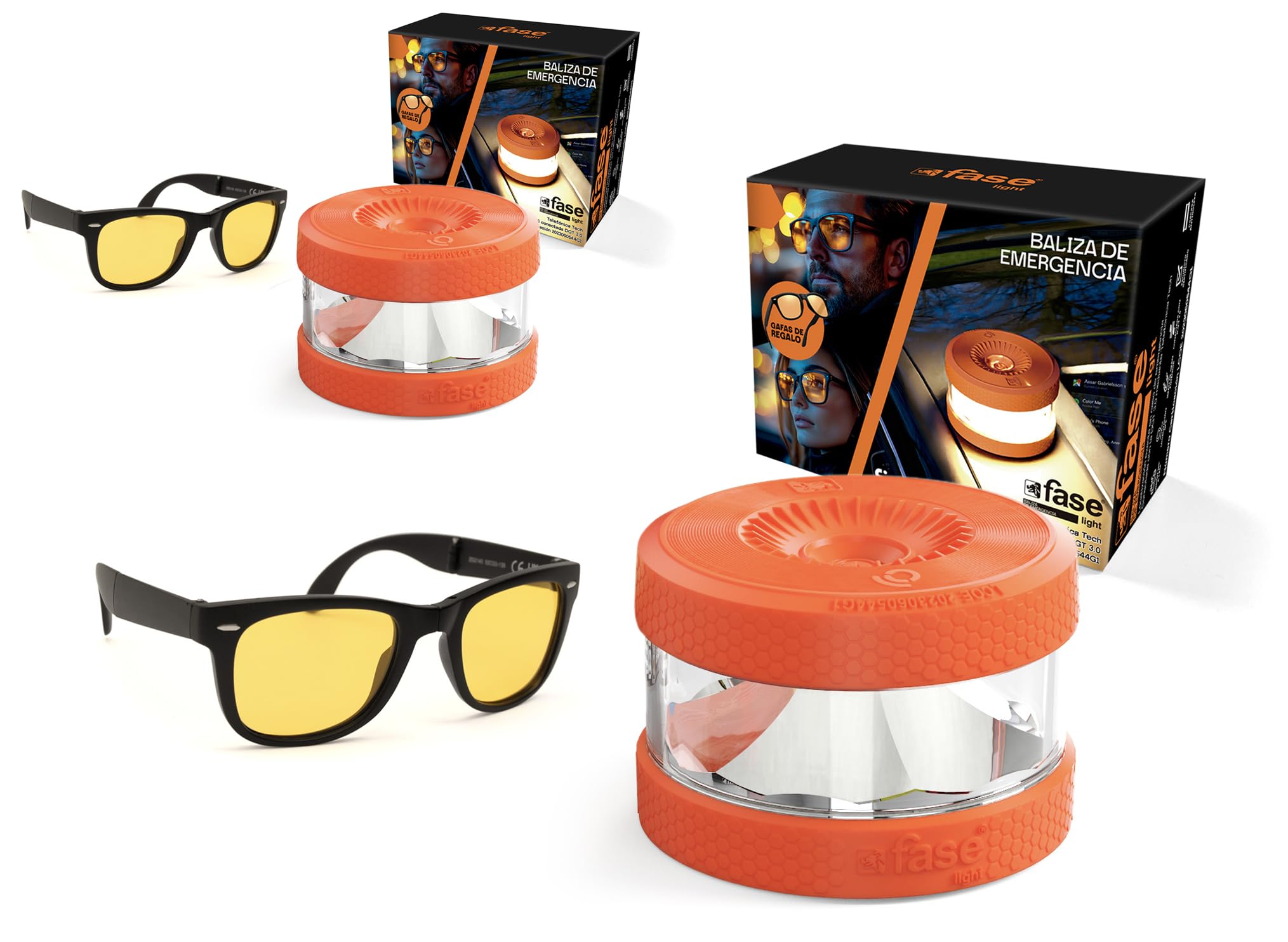 FASE - Baliza v16 Homologada DGT - Pack 2 Unidades - Incluye Gafas de Conducción Nocturna - APP Incluida - Luz de Emergencia con Geolocalizador - Proporciona Geolocalización a la DGT - Color Naranja