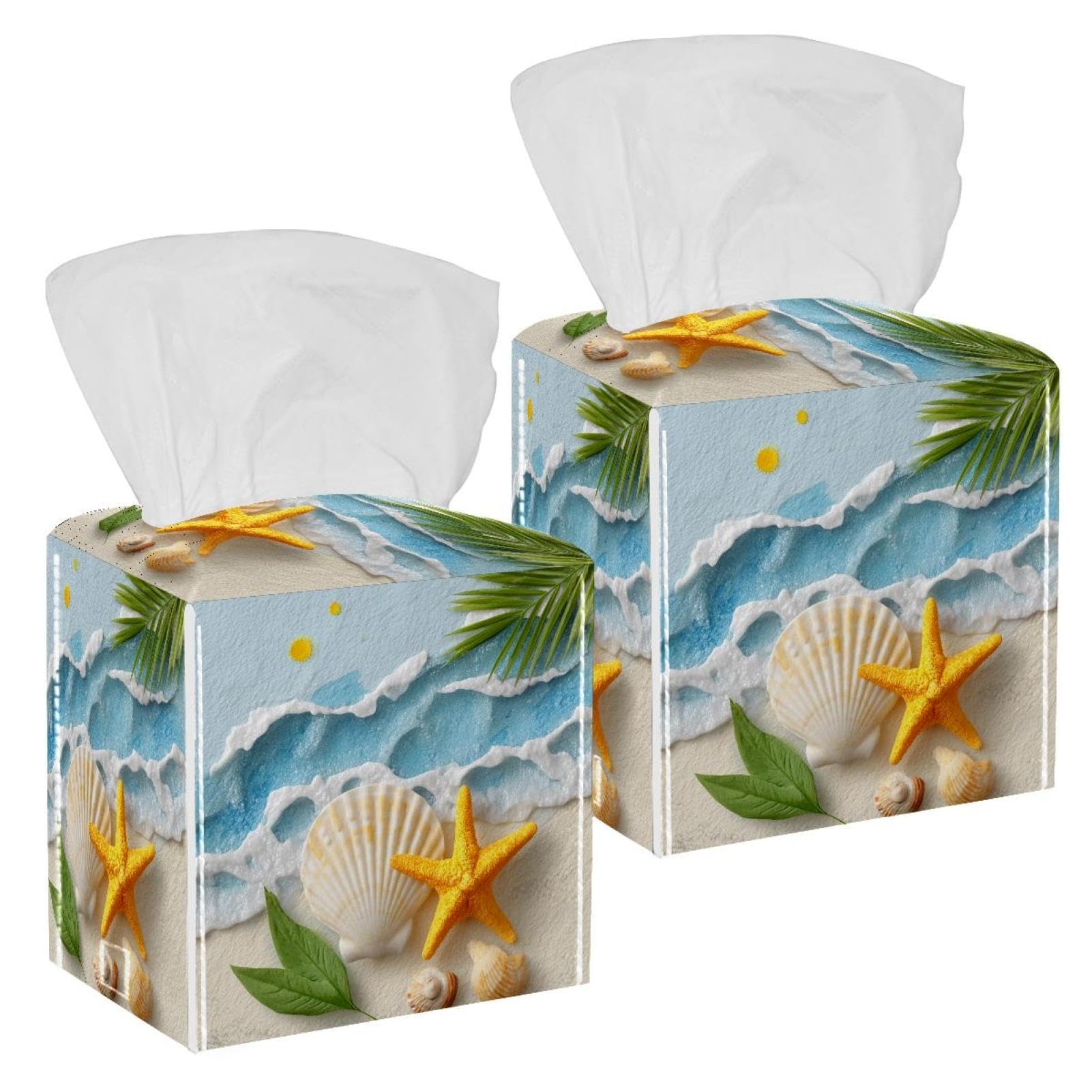 Beach Starfish Tissue Box Cover, 2 Pack PU Leather Square Facial Tissue Dispenser Box holder for Home Office Car