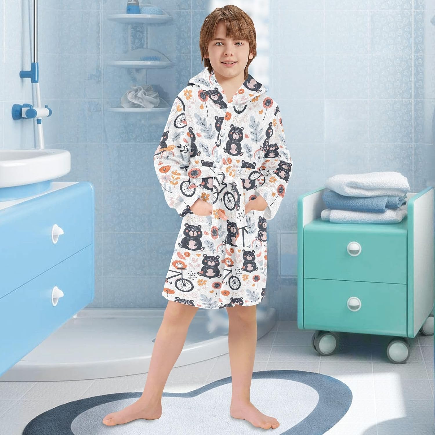 senya Bears Take Bicycles Toddler Hooded Bathrobe Kids Soft Plush Bath Towel Robes for Boys Girls 2-12 Years