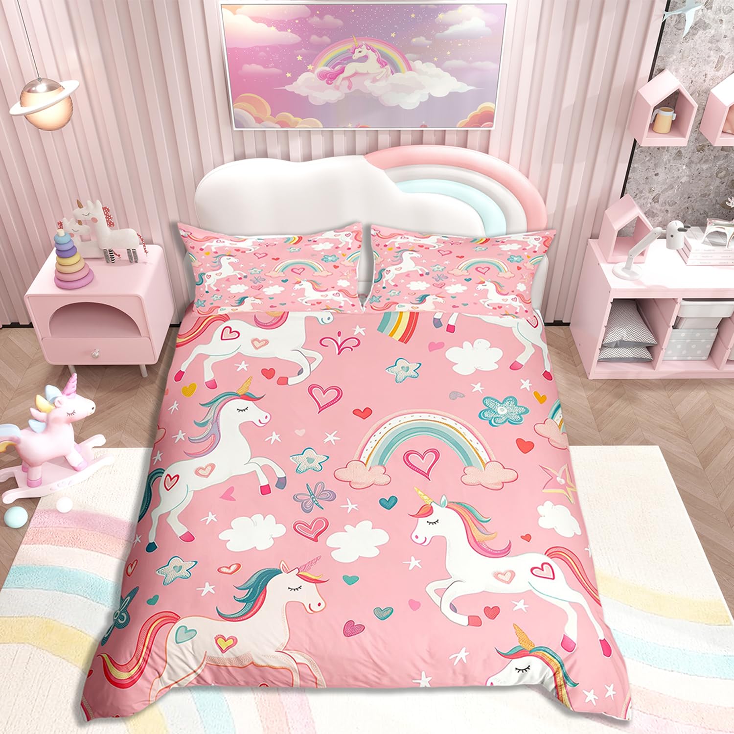 Housse de couette 135 x 200 cm lit enfant motif licorne papillon rose fille garçon