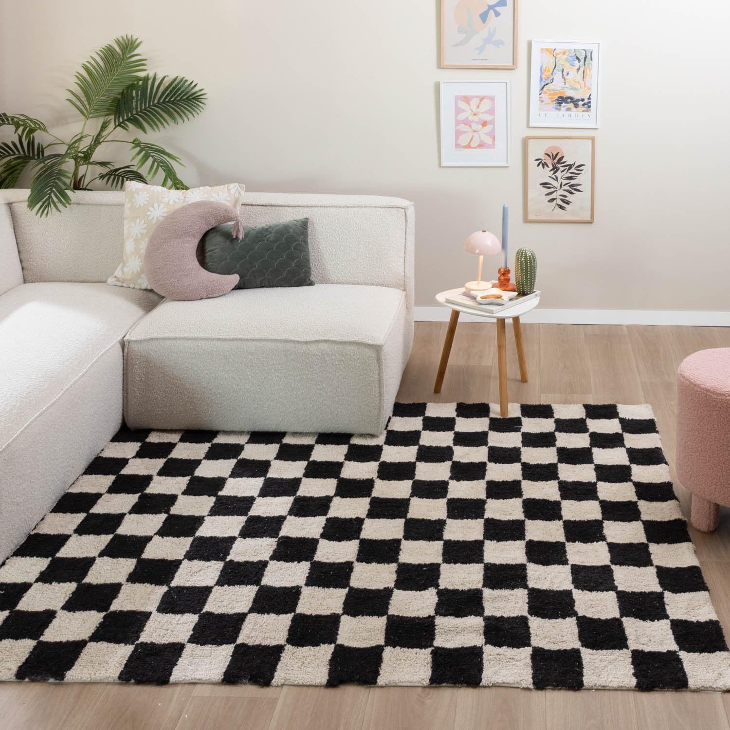 FRAAI | Home & Living Tapis de Salon rétro - Gambit Noir/Blanc - 140x200 cm - Pile Haute - Tapis de Salon Shaggy - Rectangulaire