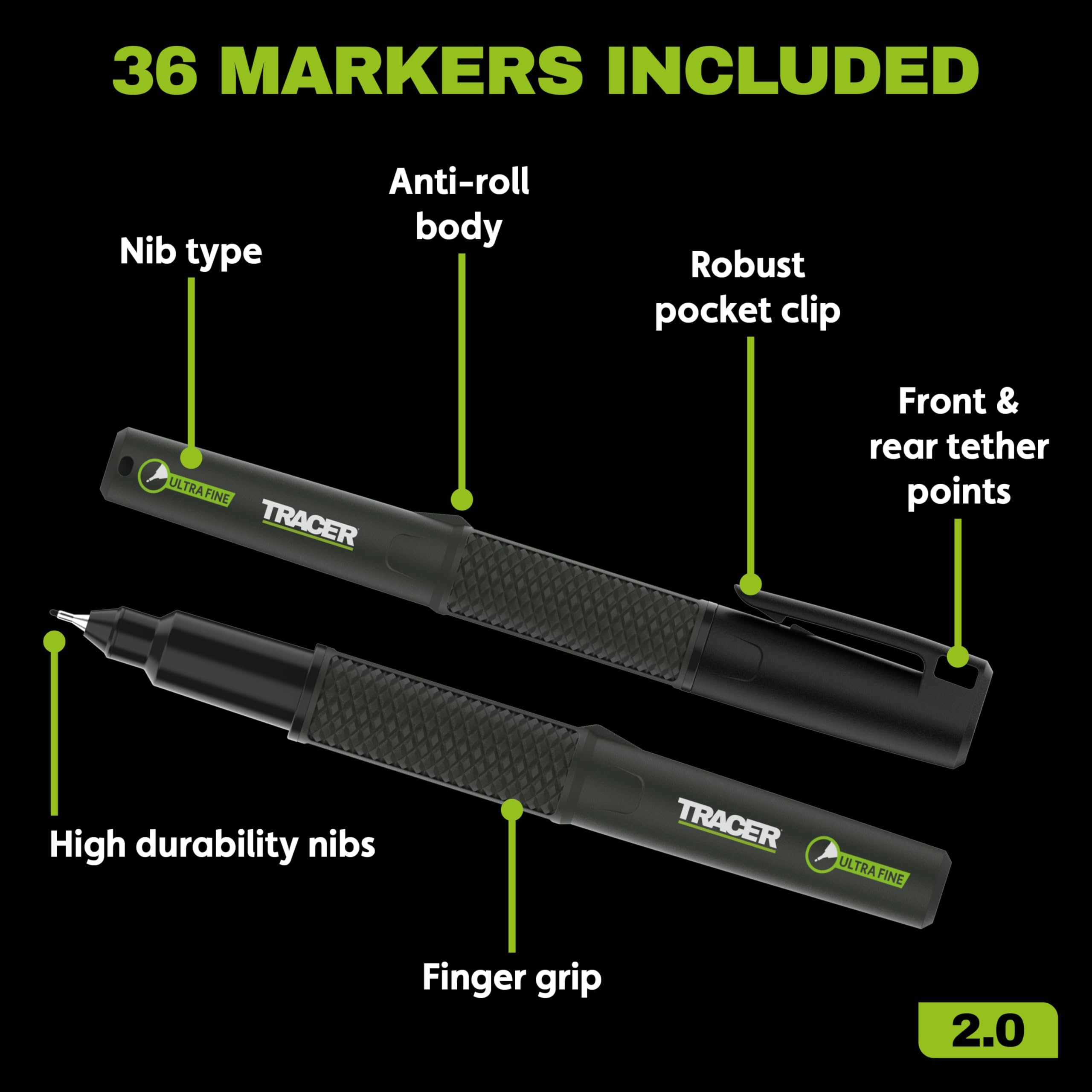 Tracer 2.0 Ultra Fine Tip Black Permanent Marker Pens x 36-100hr Cap-off time, Fast-drying Black Marker Pens x 36