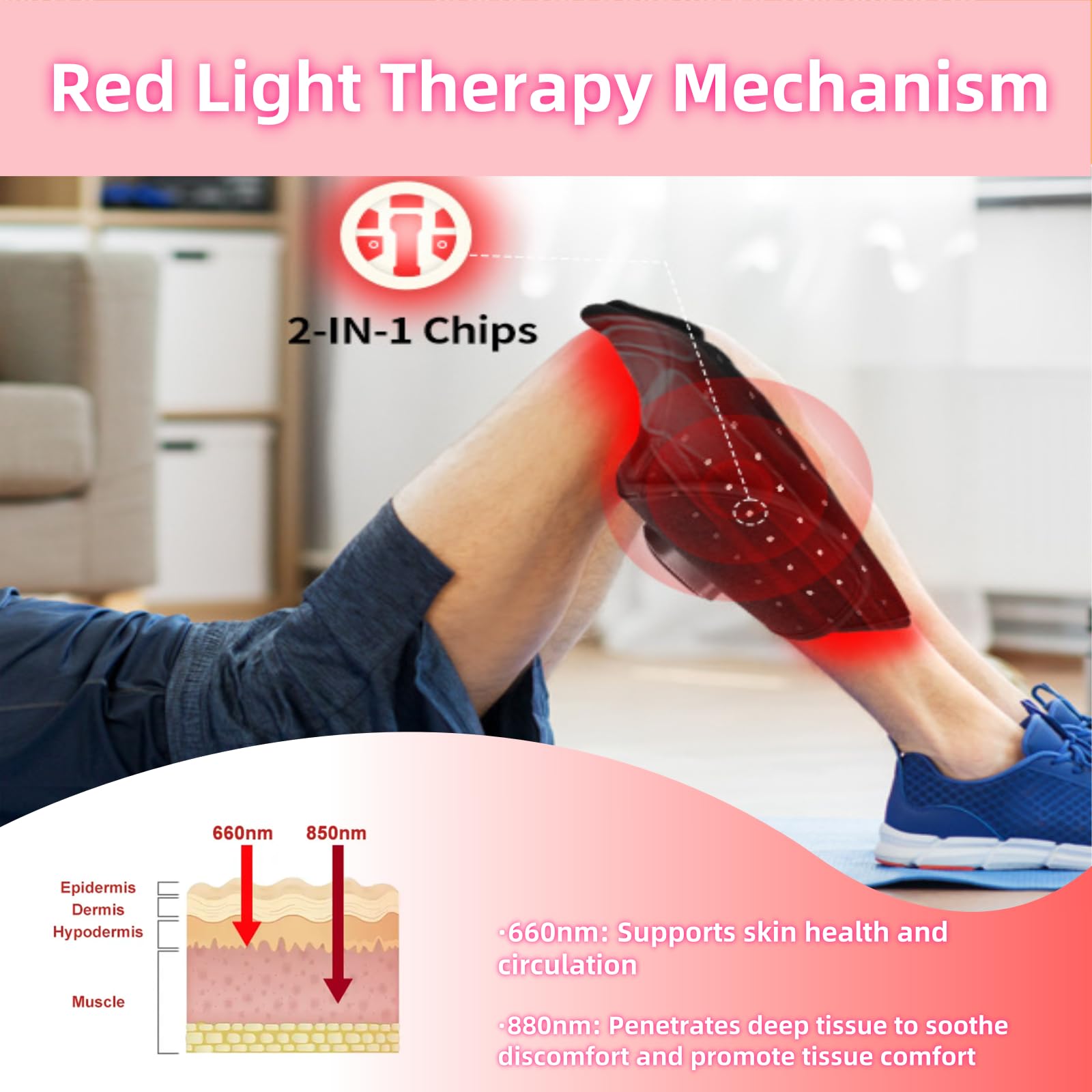Ceinture de luminothérapie rouge sans fil Warmforwel pour pieds, mollets, genoux et bras, double longueur d'onde 660 nm et 850 nm, 64 LED, écran tactile, 5 modes, rechargeable par USB-C, sangle réglab