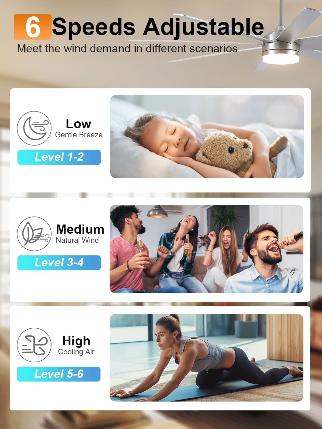 Diagram showing 6 adjustable fan speeds: Low, Medium, and High wind