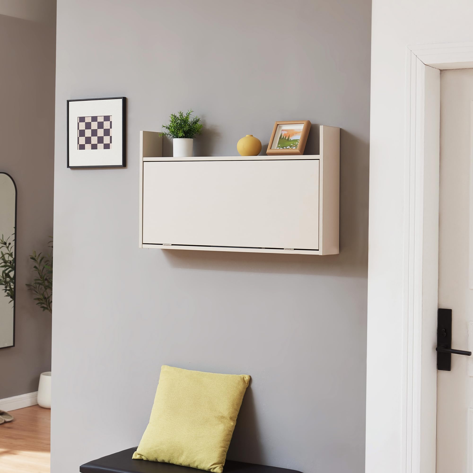 [en.casa] Bureau Mural Rabattable pour Ordinateur Portable Table Pliante avec Espace de Rangement Coiffeuse Panneau de Particules 48 x 83 x 48 cm Beige
