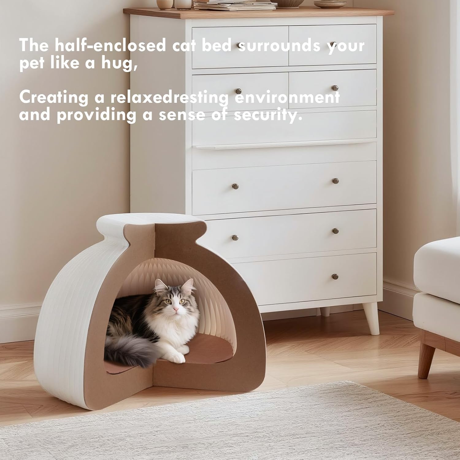 Cat Bed, Foldable Semi-Enclosed Cat House, Recyclable Paper Cardboard Cat Cave with Honeycomb & Felt Pad, Modern Pet Furniture, Cat Condos for Indoor Cats Birthday, Bunnies, and Small Animals