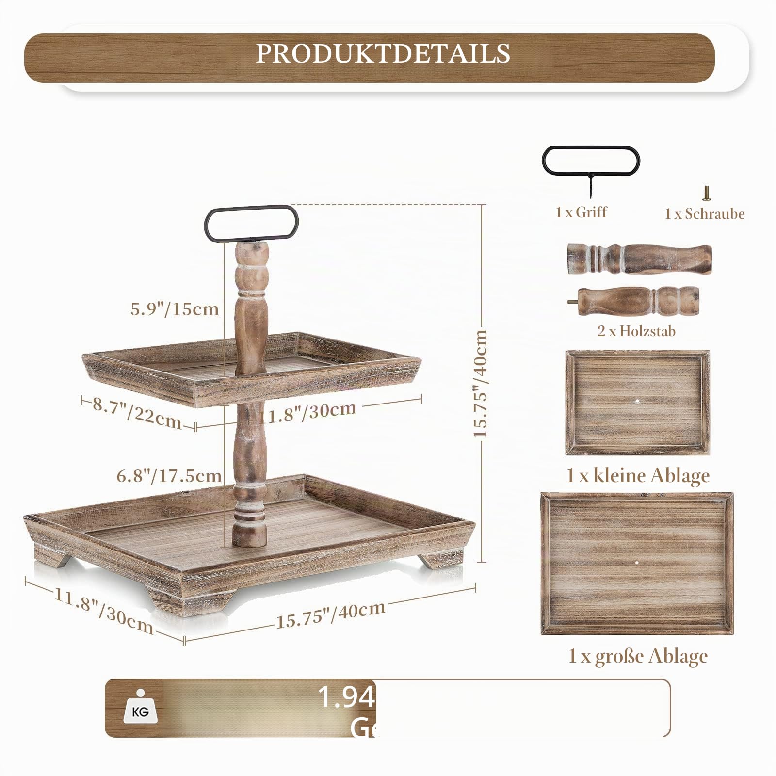 Hanobe Deko Tablett Etagere Holz: Braun Holztablett Groß Rechteckig mit 2 Ebenen Bauernhaus Dekotablett Vintage Shabby serviertabletts für Home Kaffeeecke Duschraum