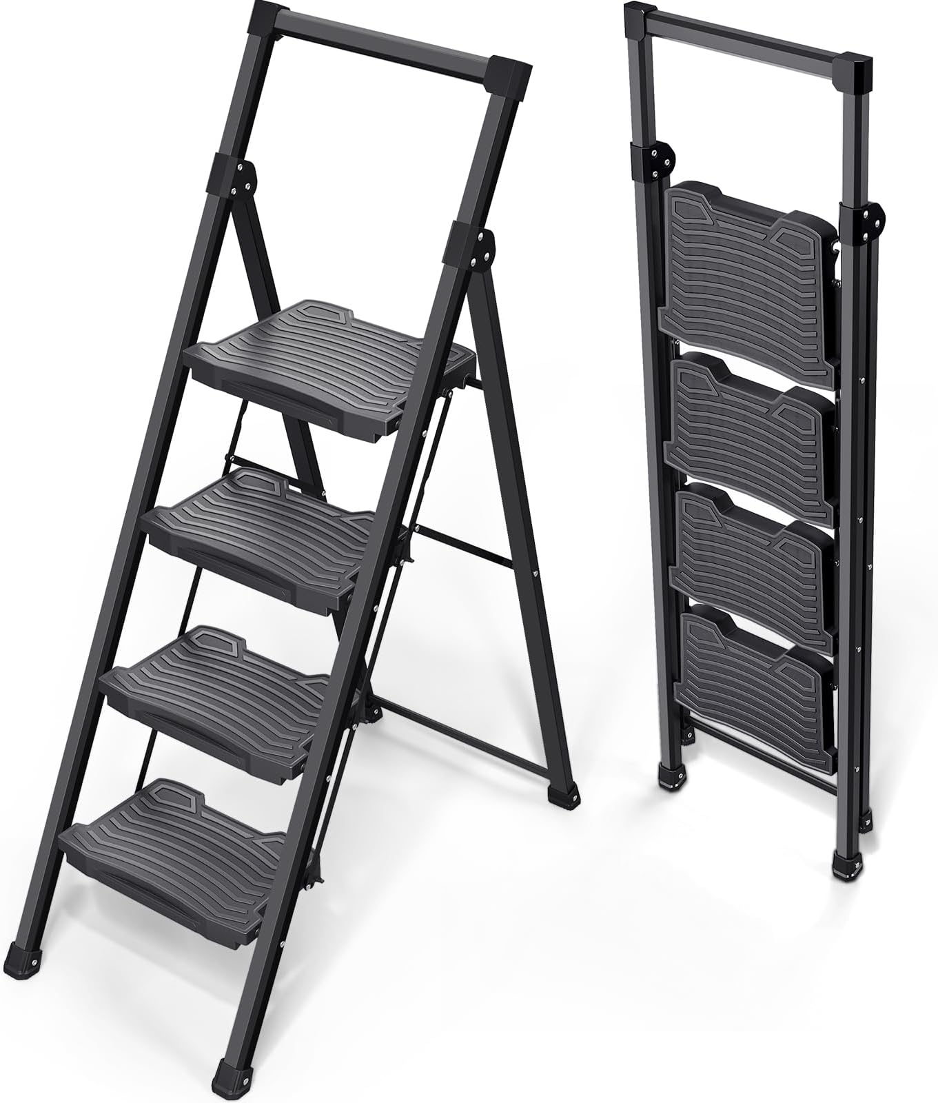 KINGRACK Step Ladder 4 Step Folding, 900lbs 4 Step Ladder with Anti-Slip Wide Pedal and Handrails, Lightwight Household Ladder, Pass 900LBS Testing, for Your Kitchen, Pantry, Closets, Office Use
