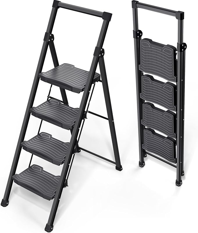 Step Ladder 4 Step Folding, 900lbs 4 Step Ladder with Anti-Slip Wide Pedal and Handrails, Lightwight Household Ladder, Pass 900LBS Testing, for Your Kitchen, Pantry, Closets, Office Use