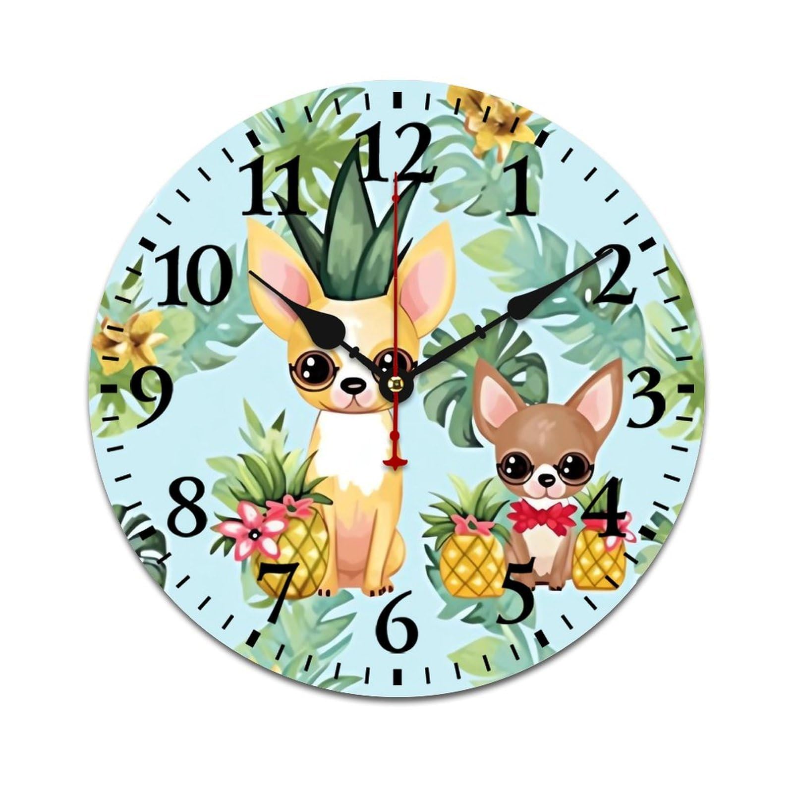 NTVOWPZO 10 Inch Wall Clock Wooden Chihuahua Dog Pineapple Battery Operated Wall Clocks Silent Non-Ticking Square Wall Clock for Living Room Kitchen Home Office Wall Decorative Clocks