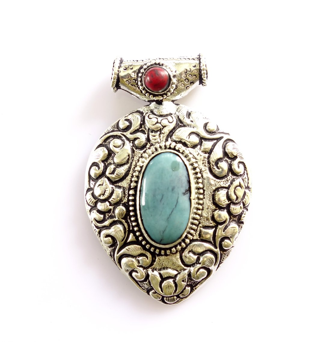 Pendentif Porte-photos Tibétain En Laiton Et Turquoise/corail - Style Ethnique