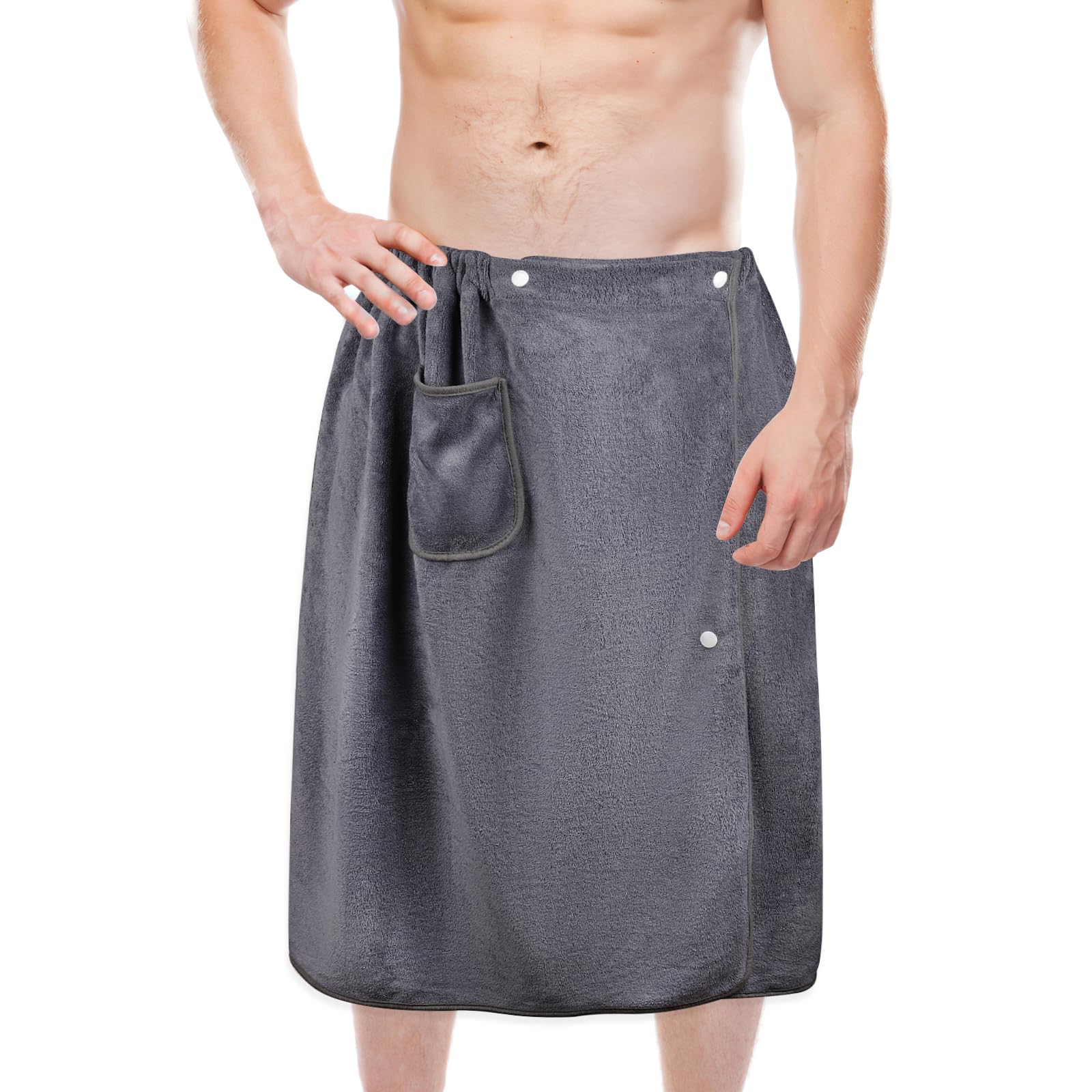 Maxmoc Serviette de sauna réglable pour homme, grande serviette de sauna, à séchage rapide, en microfibre, avec boutons-pression et poches, pour salle de gym, douche, sauna (70 x 140 cm, gris)