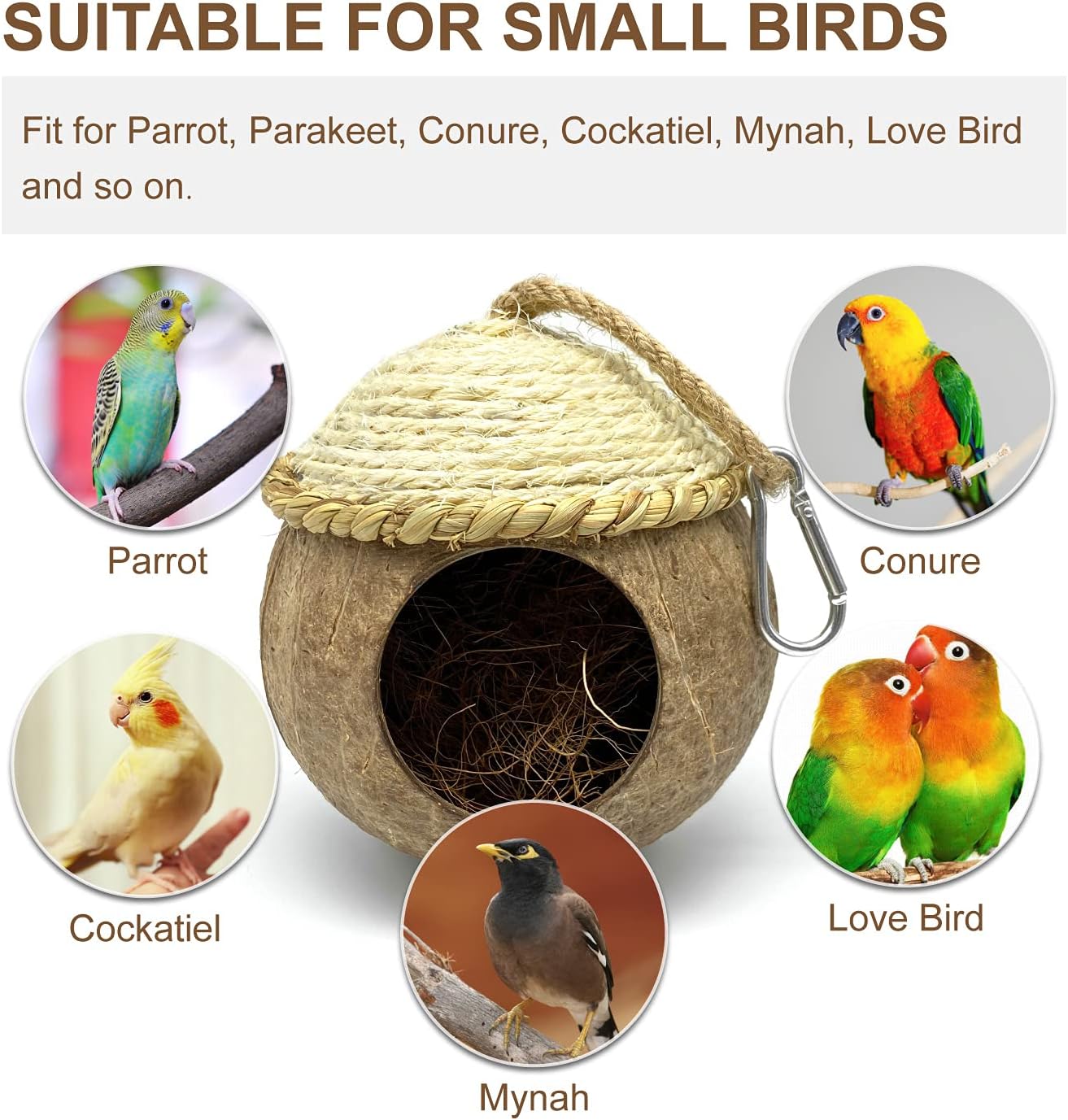 MISS FIRE Bird House with Coconut Woven Straw, Natural Coconut Bird Cage with Woven Cover，Bird Nest for Parrot, Hamster, Squirrel, Rat, Lovebird, Finches : Pet Supplies