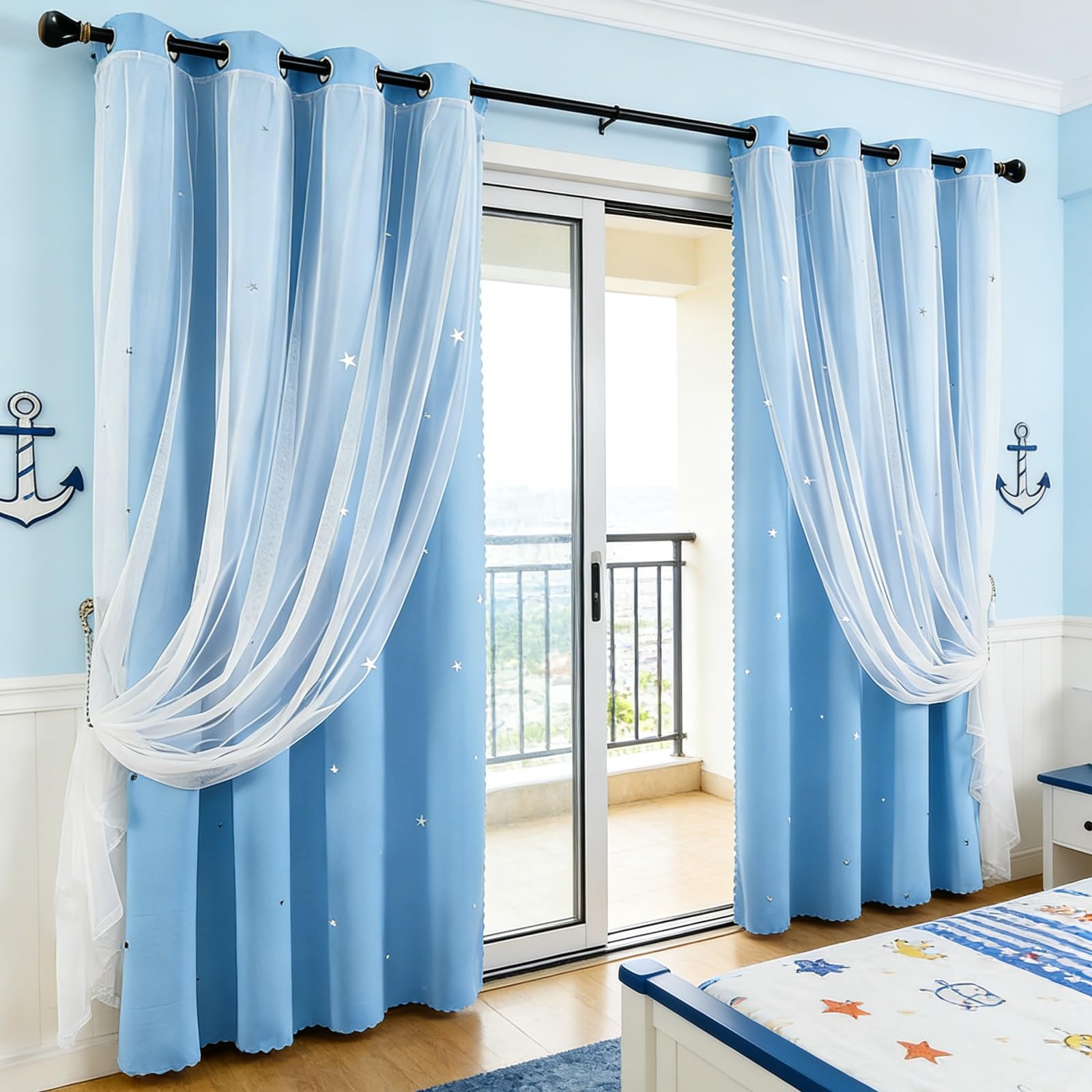 Gardinen Kinderzimmer Mädchen 90 x 260 cm Sternenvorhänge Blickdicht Gardinen Thermovorhang Ösenschal Vorhänge Kinder-Verdunkelungsvorhänge für Jungen, Mädchen, Blau