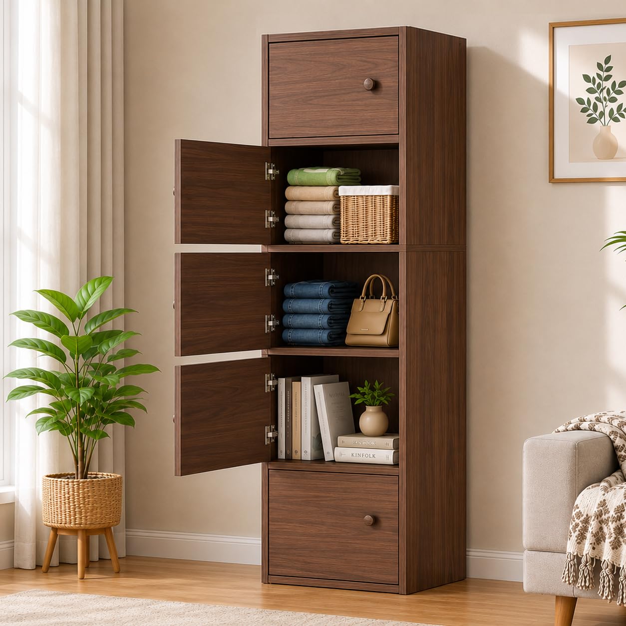 5-Door Morden Wooden Collapsible Wardrobe for Storage/Space Saving Wooden Wardrobe with Doors/Collpsible Storage Organiser/Living Room - (Walnut, 5 Layer)-image-38